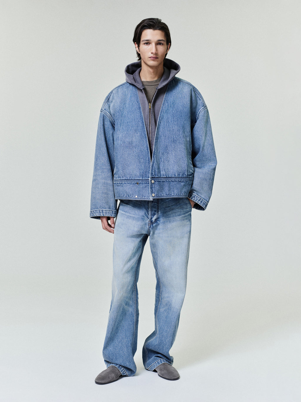 men's classic blue indigo lapelless denim jacket with relaxed fit and strong shoulder construction