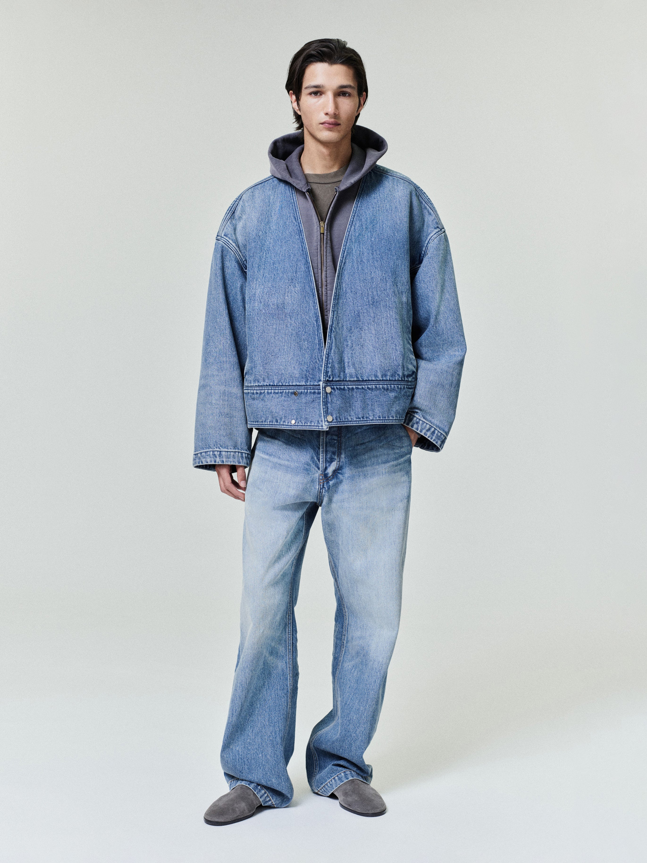 men's classic blue indigo lapelless denim jacket with relaxed fit and strong shoulder construction