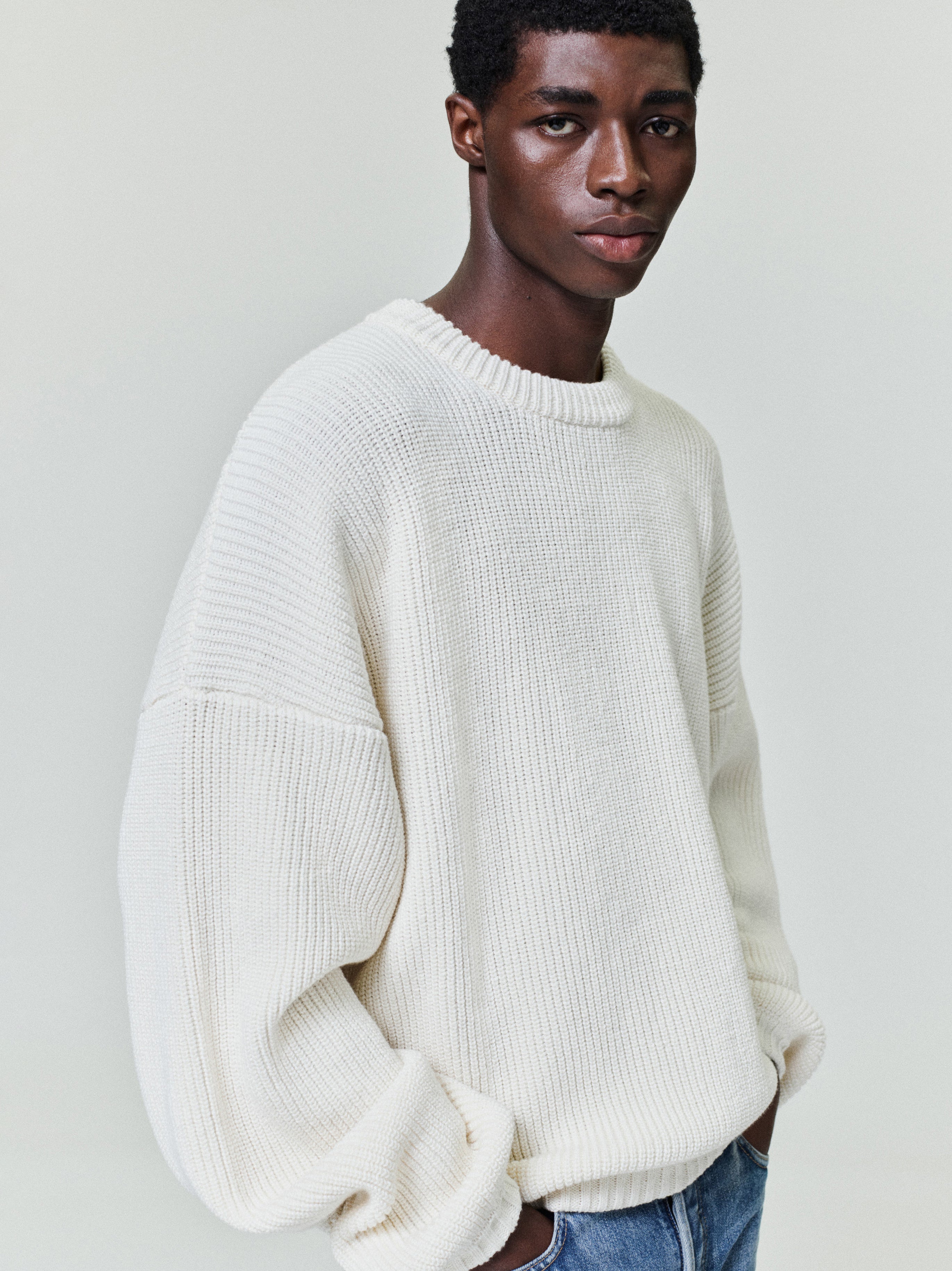 men's cream double knit linen wool cotton crewneck sweater with relaxed fit and textured stitch pattern