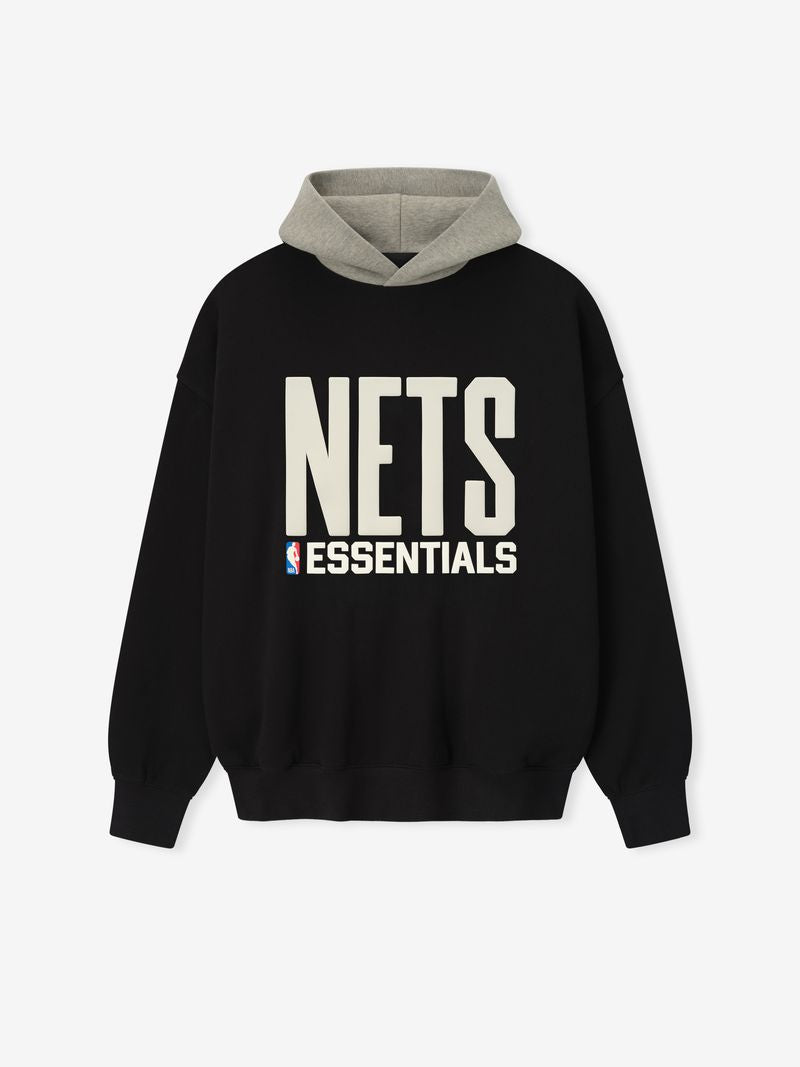 Front view of black Nets Sport hoodie with contrasting grey hood and large white NETS ESSENTIALS text on chest