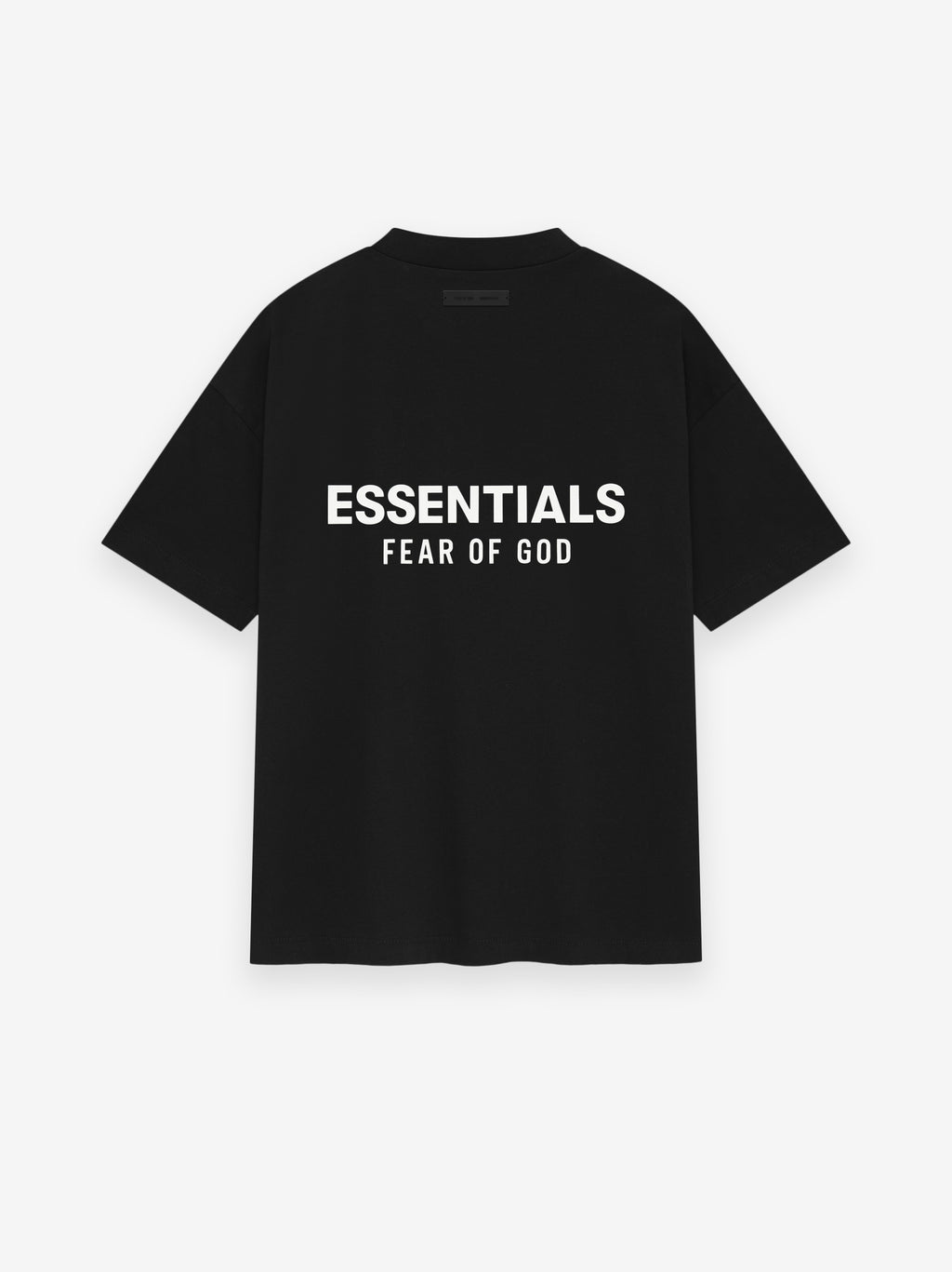 Back view of jet black Classic Short Sleeve Tee with large white ESSENTIALS Fear of God logo centered on back, gallery image 0
