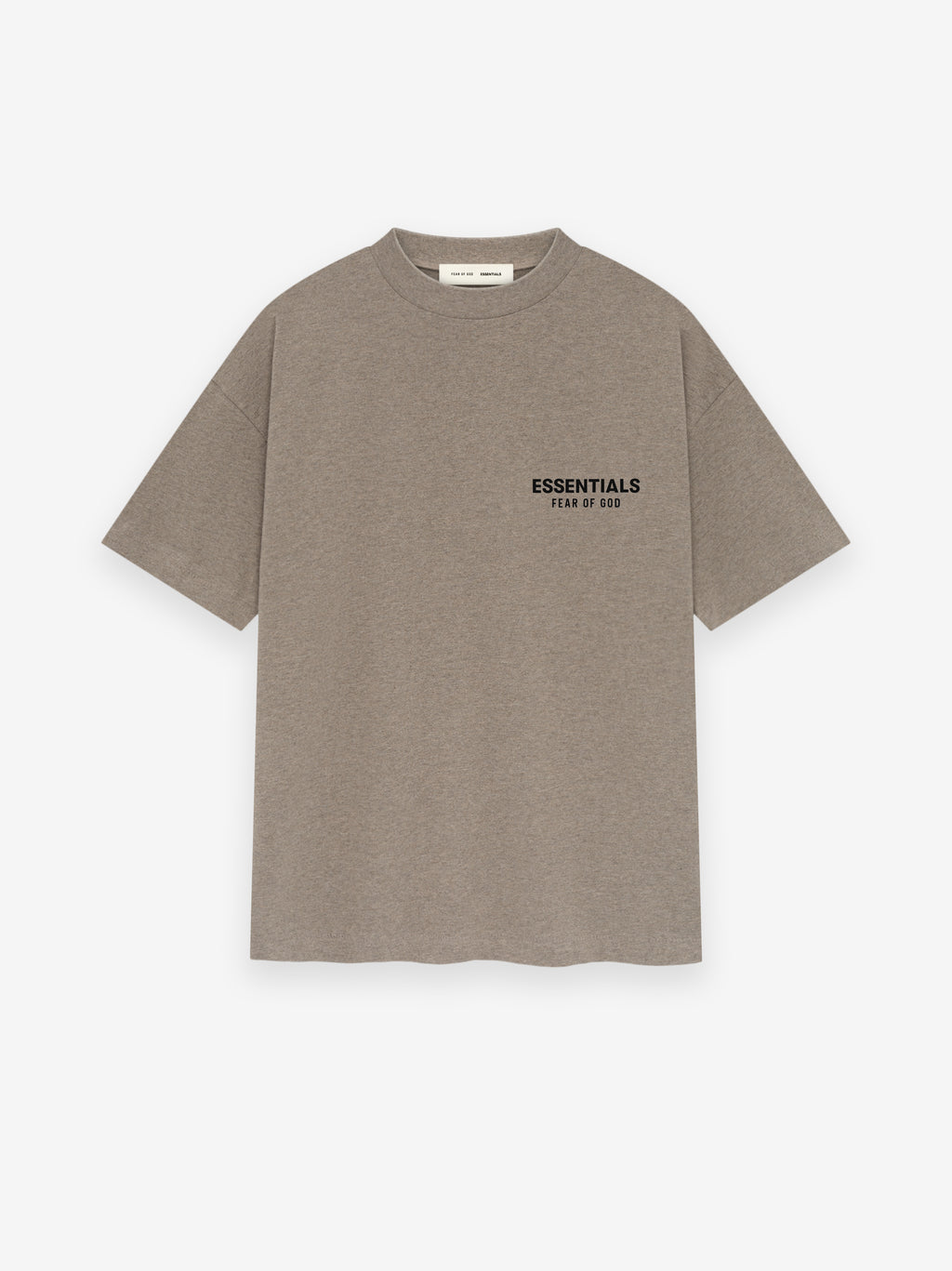Front view of Homestead Heather Classic Short Sleeve Tee with small black ESSENTIALS Fear of God logo on chest, gallery image 0