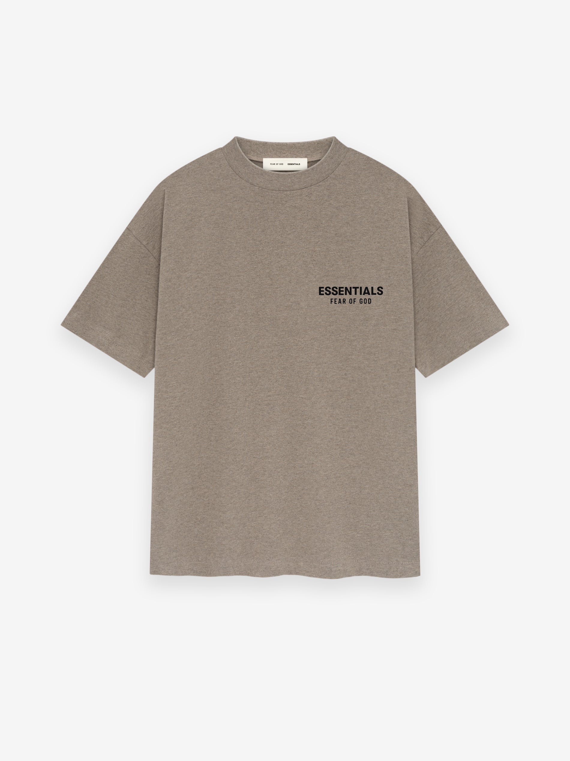 Front view of Homestead Heather Classic Short Sleeve Tee with small black ESSENTIALS Fear of God logo on chest, gallery image 0