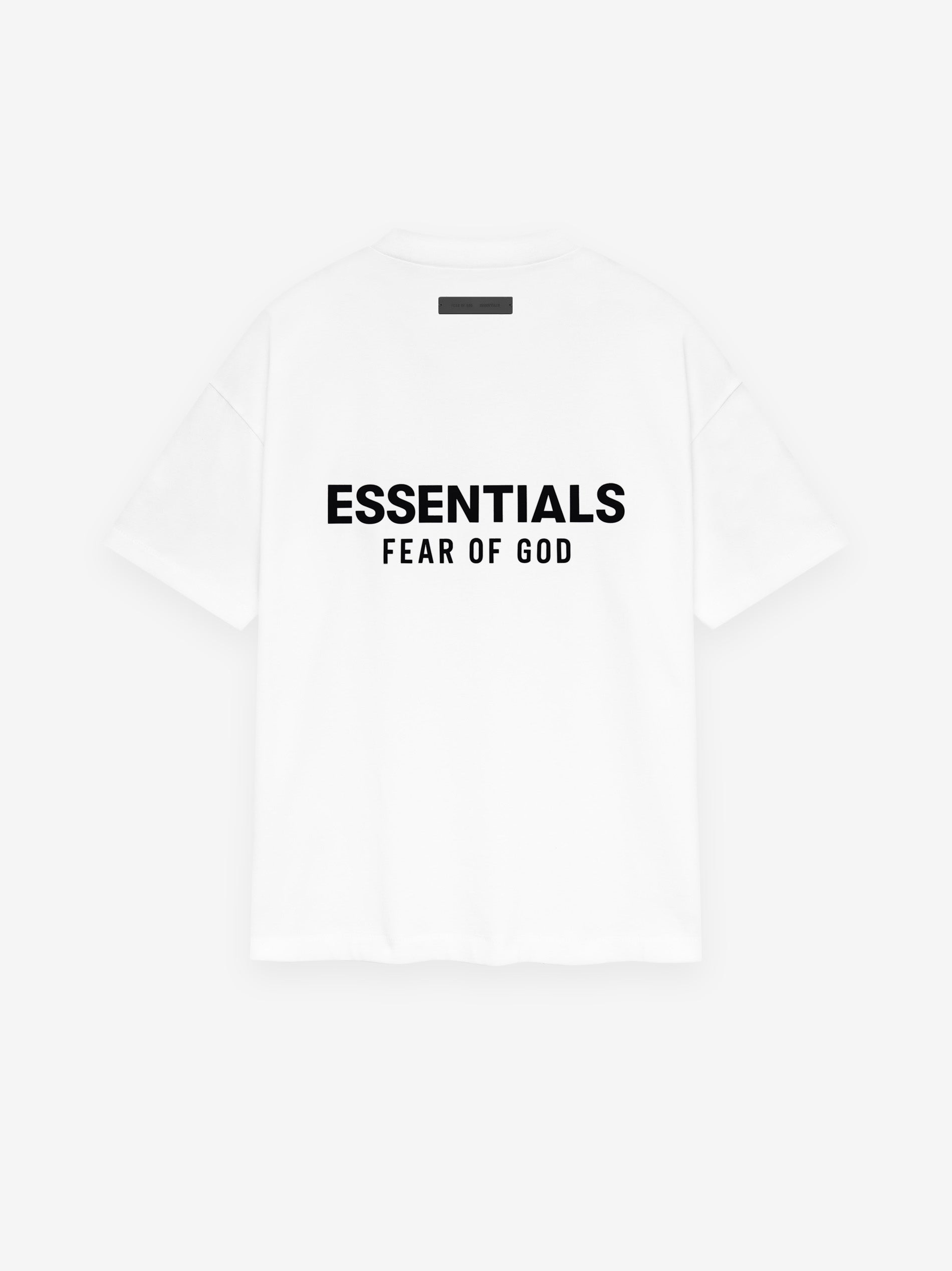 White t-shirt with 'Essentials Fear of God' text on a white background
