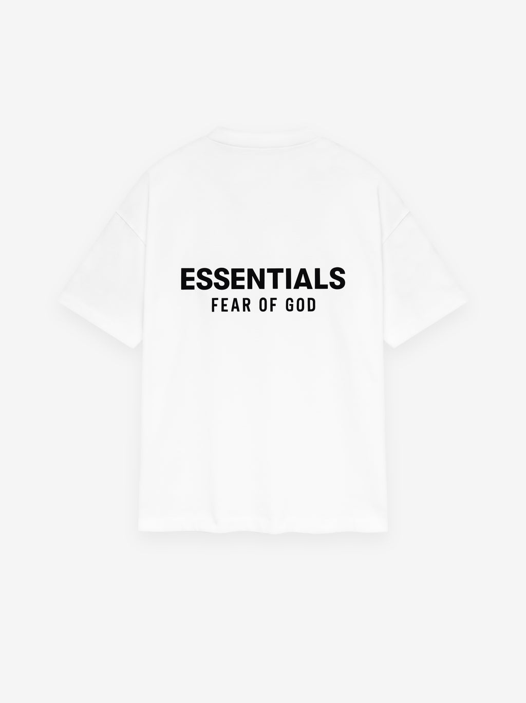 White Fear of God Essentials short-sleeve T-shirt with a black ‘ESSENTIALS FEAR OF GOD’ logo.