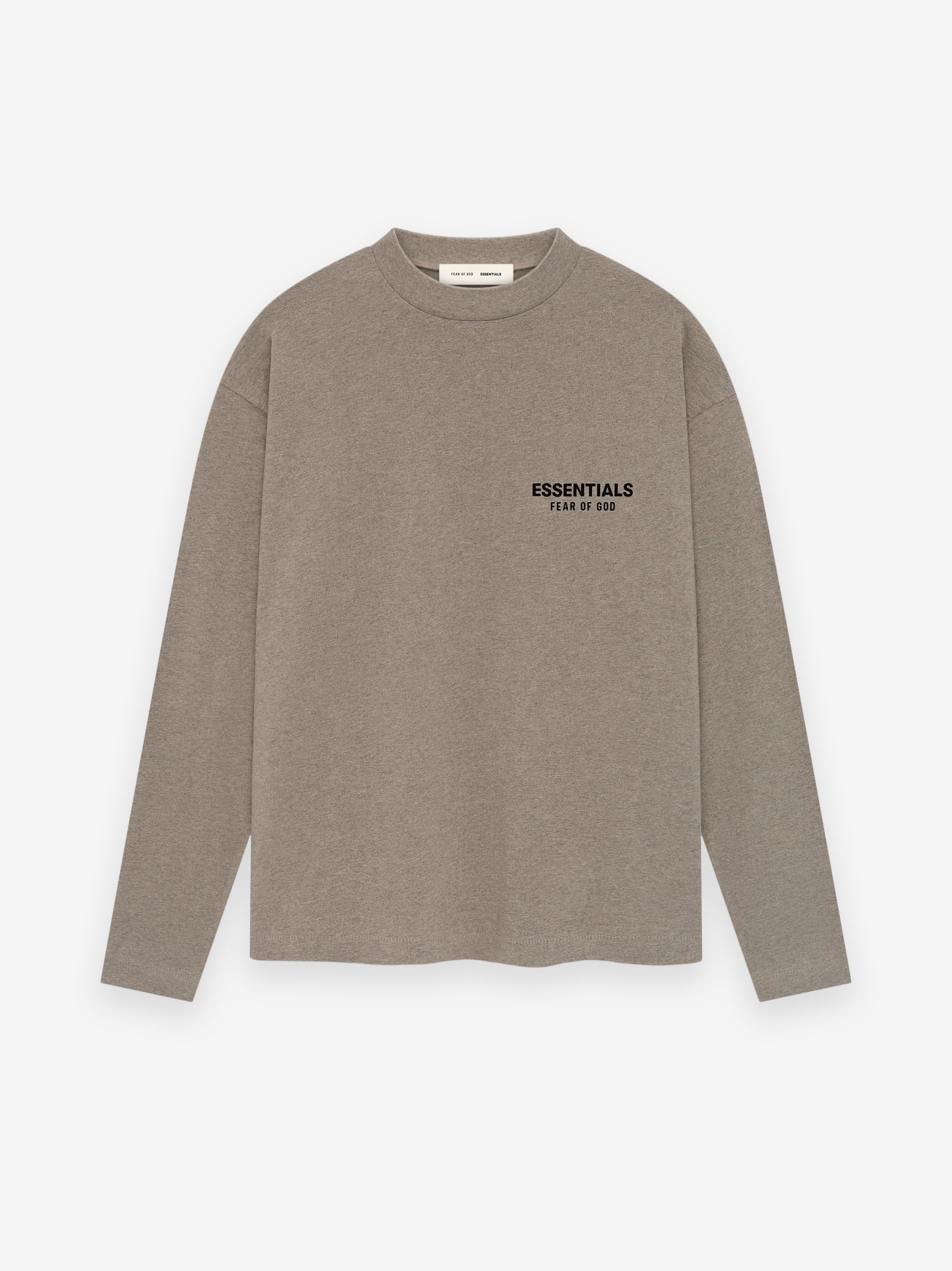 Front view of Homestead Heather Classic Long Sleeve Tee with small ESSENTIALS Fear of God logo on chest shown flat