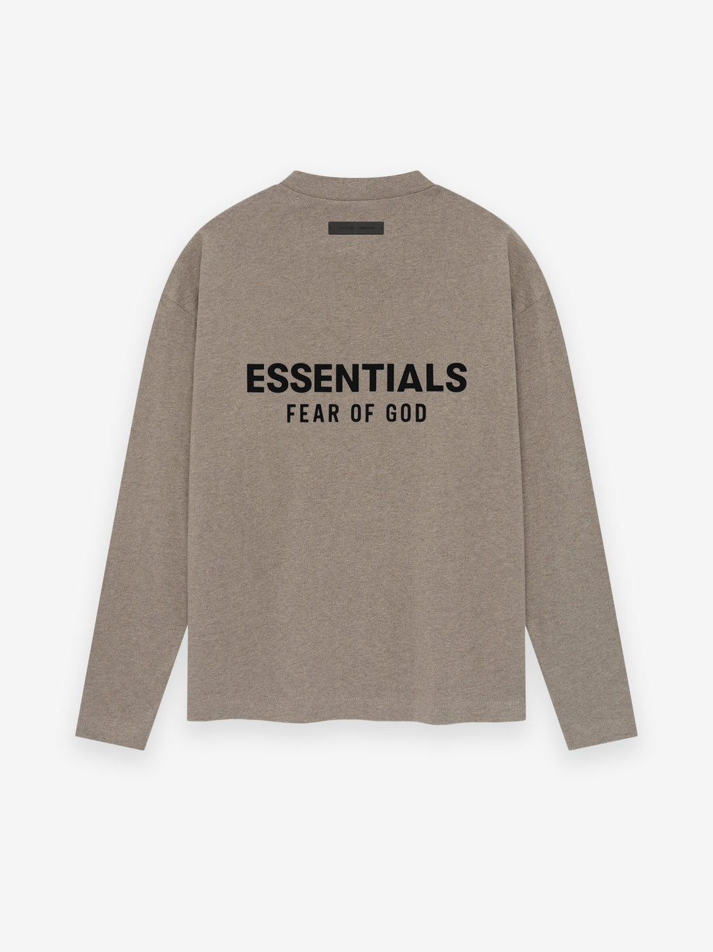 Back view of Homestead Heather Classic Long Sleeve Tee with bold ESSENTIALS Fear of God print on upper back