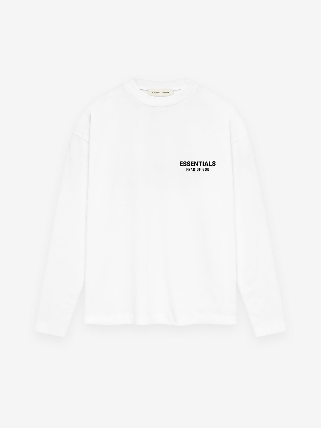 Front view of bright white Classic Long Sleeve Tee with small black ESSENTIALS Fear of God logo on chest, image 125AS254202F gallery 0