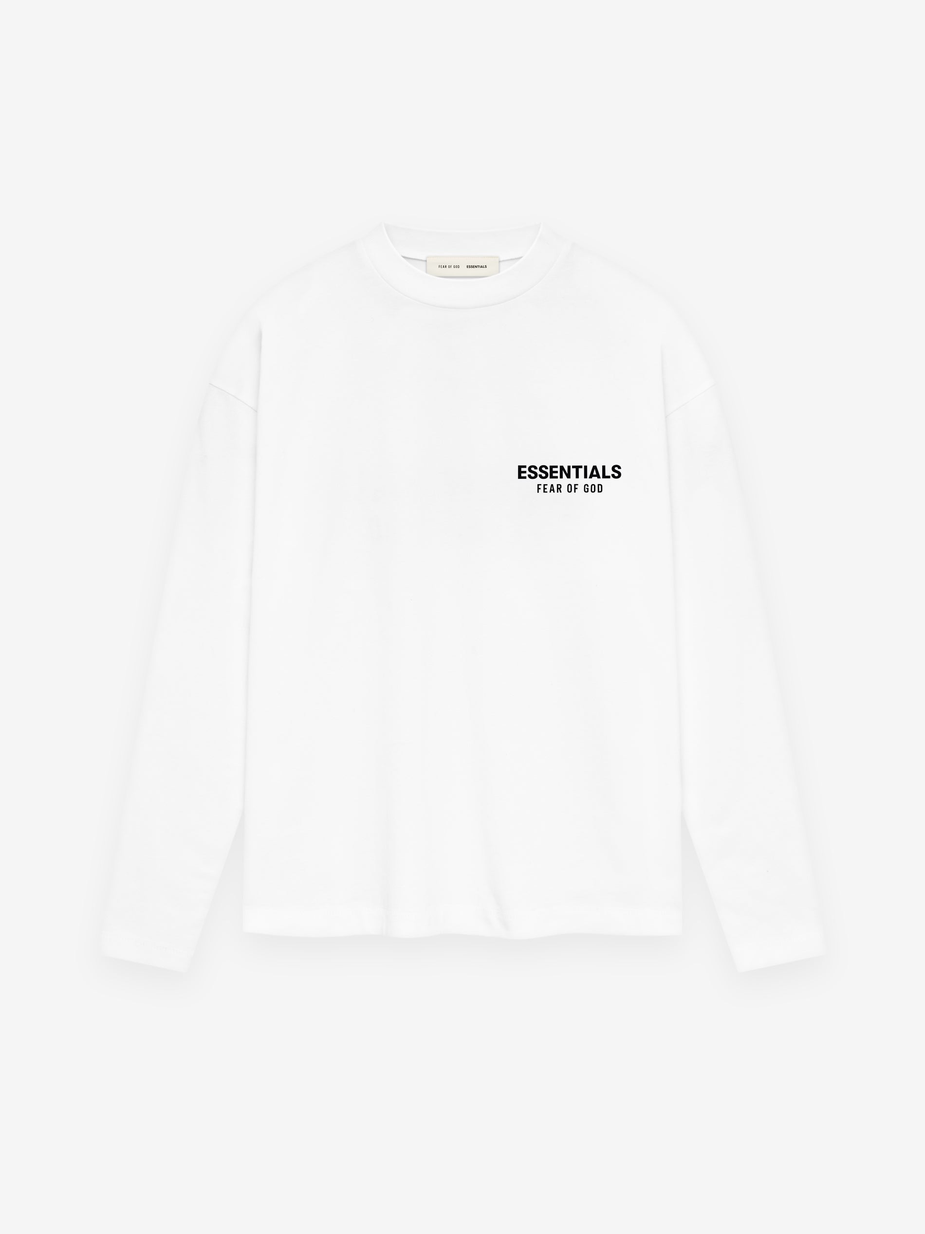 Front view of bright white Classic Long Sleeve Tee with small black ESSENTIALS Fear of God logo on chest, image 125AS254202F gallery 0