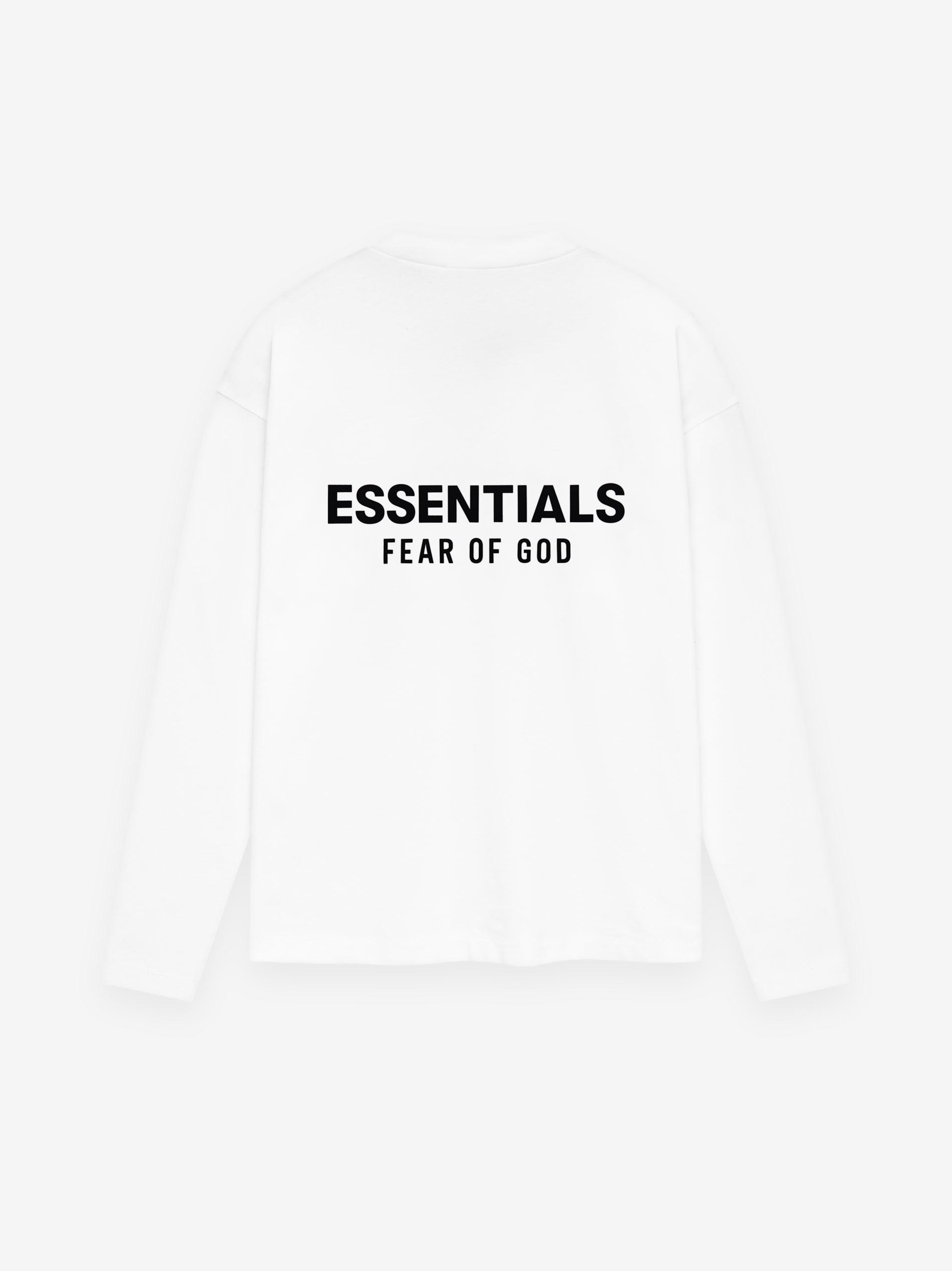 Back view of bright white Classic Long Sleeve Tee with bold black ESSENTIALS Fear of God logo, image 125AS254202F gallery 0