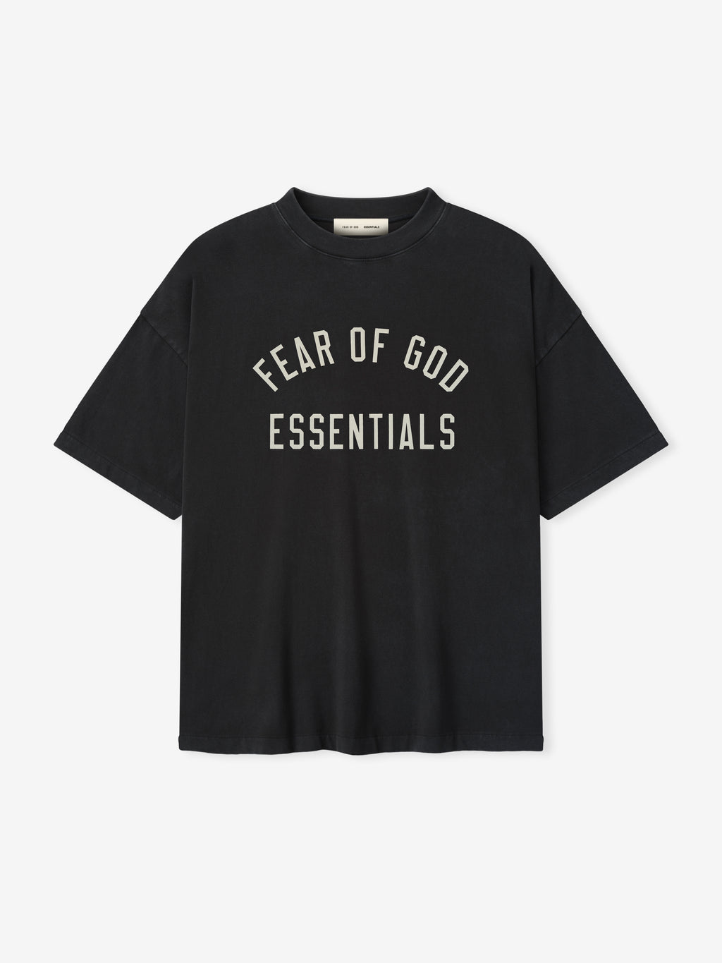 Black 90s-style short sleeve tee with crew neck and "FEAR OF GOD ESSENTIALS" lettering printed on front chest