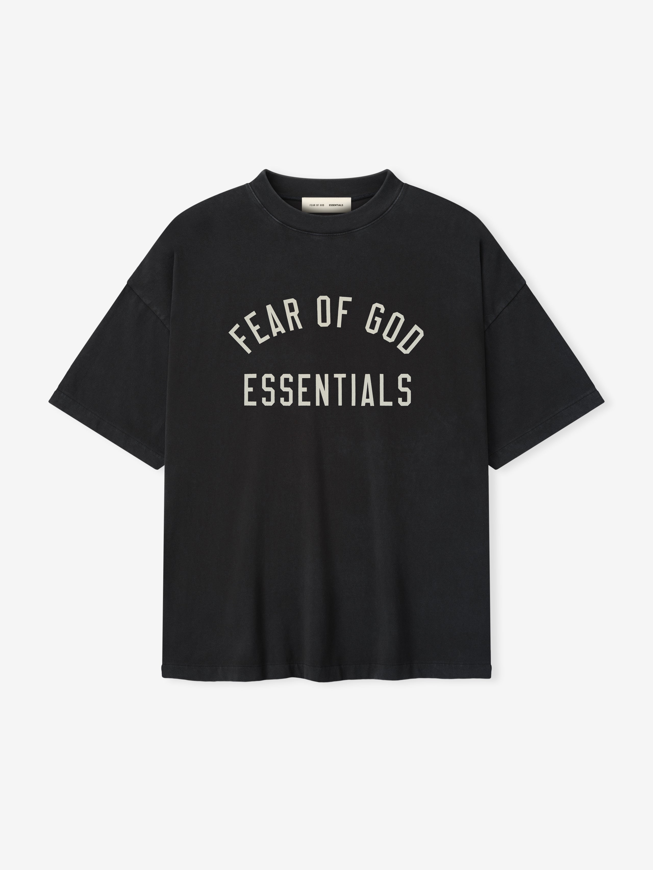 Black 90s-style short sleeve tee with crew neck and "FEAR OF GOD ESSENTIALS" lettering printed on front chest