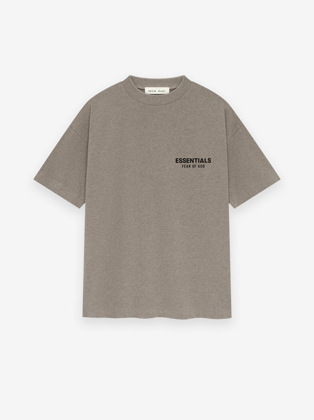 taupe medium-weight cotton jersey t-shirt with ribbed crewneck and small Essentials Fear of God logo on chest