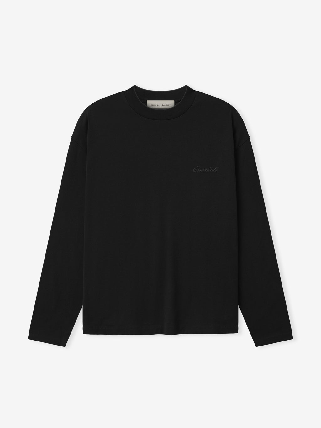 Front view of black long-sleeve shirt with black "Essentials" script embroidered on front of shirt.
