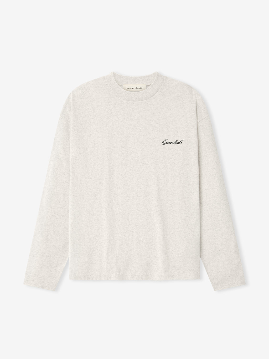 light grey medium-weight cotton jersey long sleeve tee with small black Essentials script logo on chest