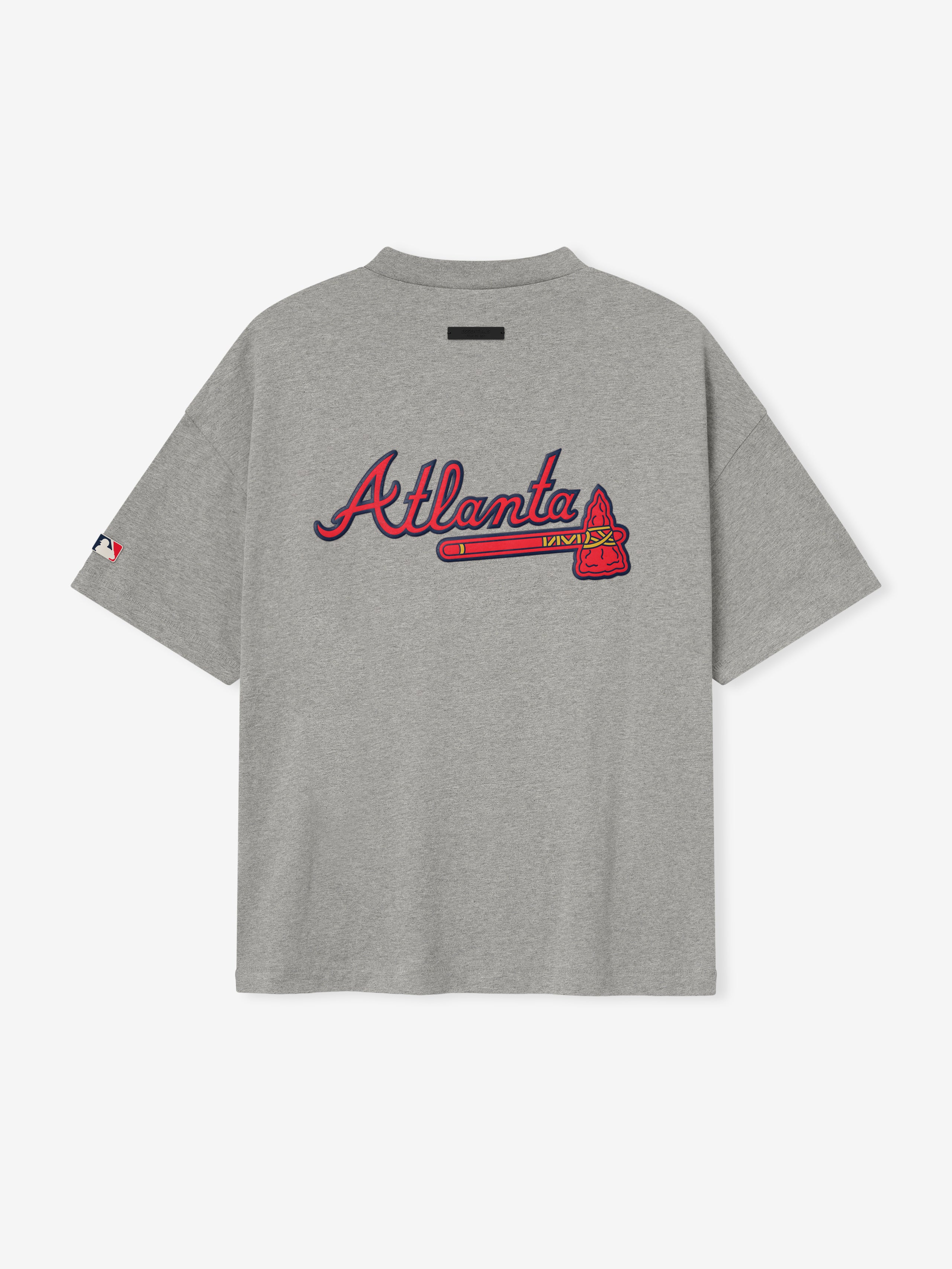 Heather grey tee with red and navy "Atlanta" script and red tomahawk graphic centered on back panel