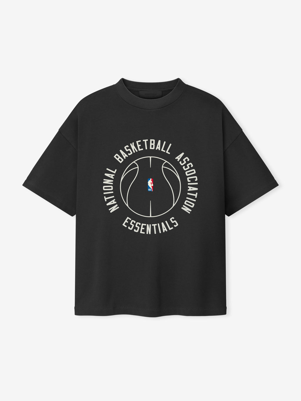 black heavy cotton jersey oversized t-shirt with circular NBA basketball graphic and Essentials text on front
