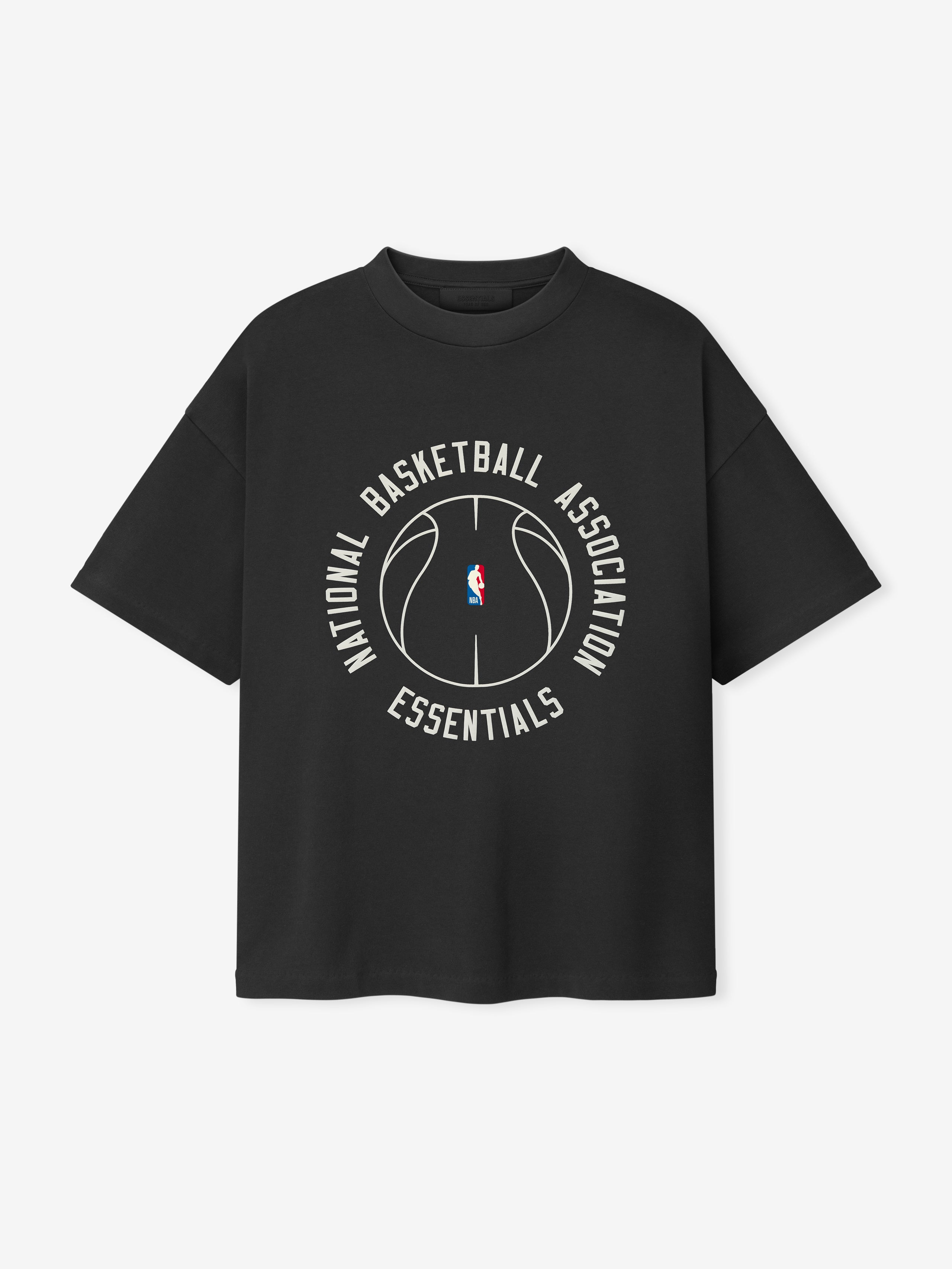 black heavy cotton jersey oversized t-shirt with circular NBA basketball graphic and Essentials text on front