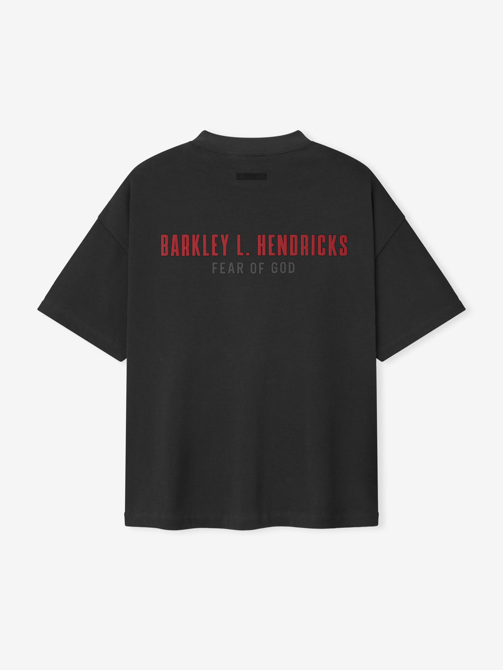 black oversized cotton jersey t-shirt with red Barkley L. Hendricks text and subtle gray Fear of God logo on back