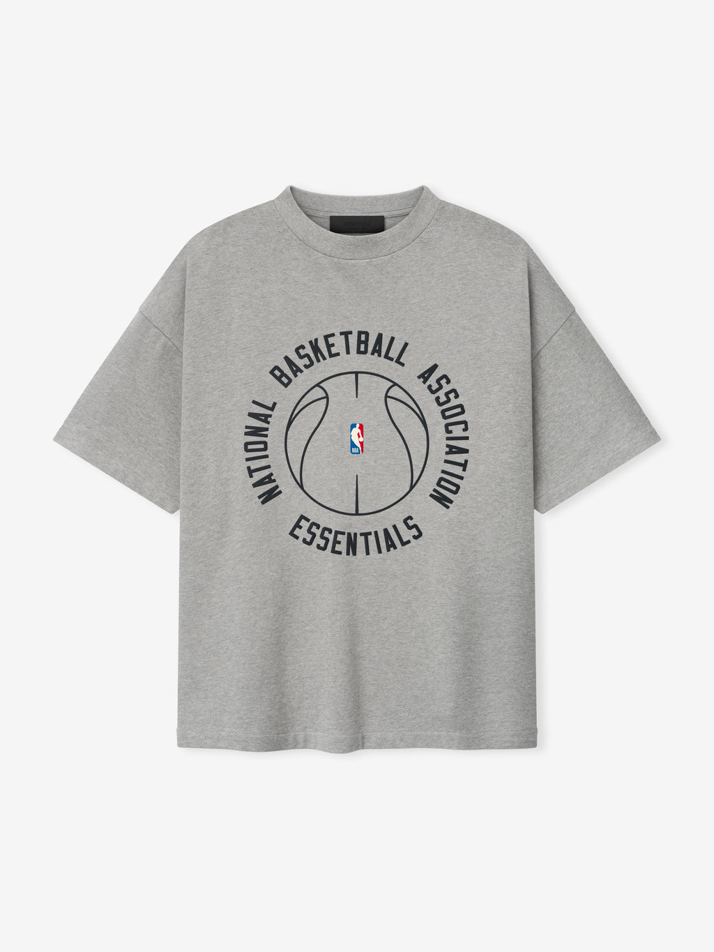 grey heavy cotton jersey oversized tee with circular basketball graphic and NBA Essentials text on front