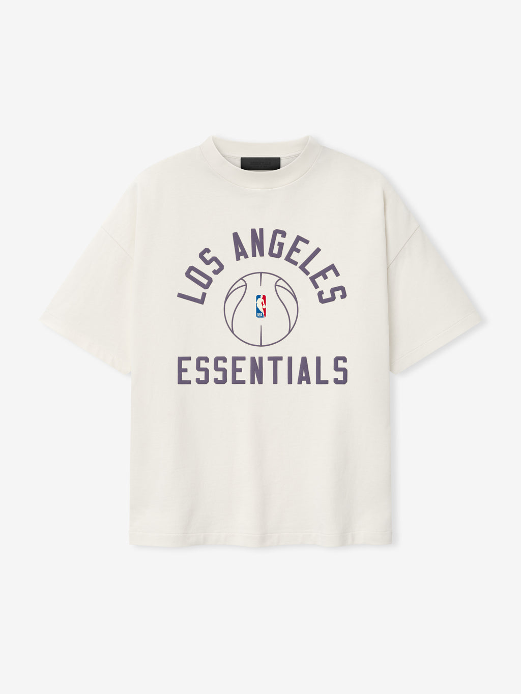 off-white heavy cotton jersey oversized tee with purple Los Angeles Essentials text and NBA logo basketball graphic