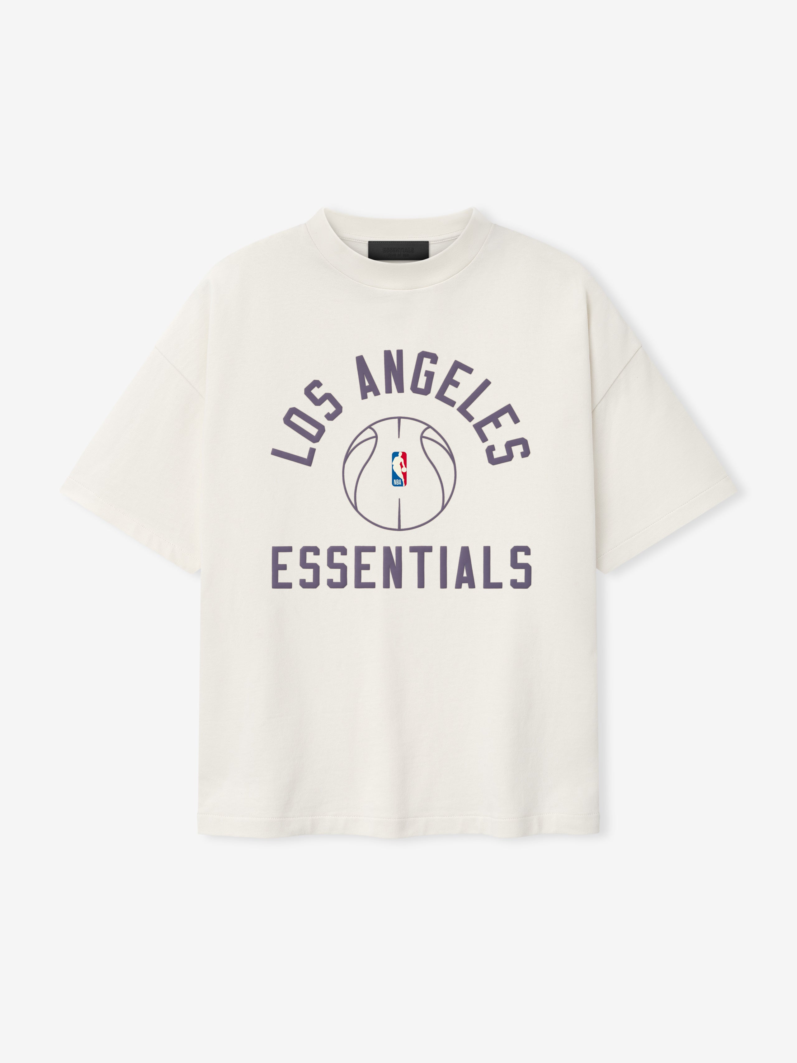 off-white heavy cotton jersey oversized tee with purple Los Angeles Essentials text and NBA logo basketball graphic