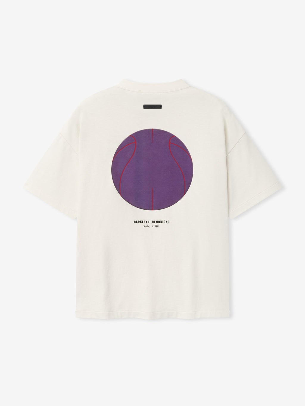 off-white oversized cotton jersey tee with purple basketball graphic and Barkley L. Hendricks text on back
