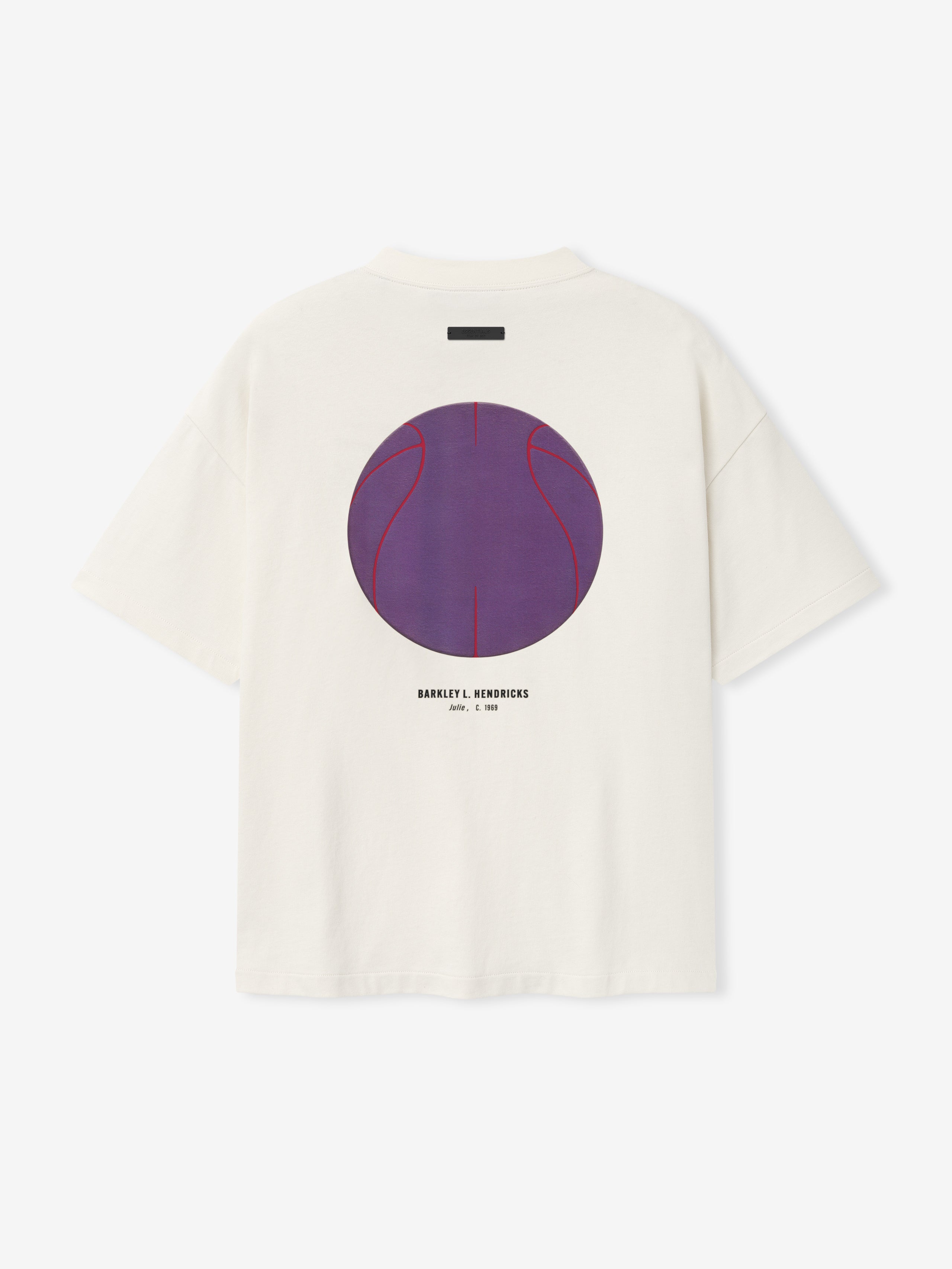 off-white oversized cotton jersey tee with purple basketball graphic and Barkley L. Hendricks text on back
