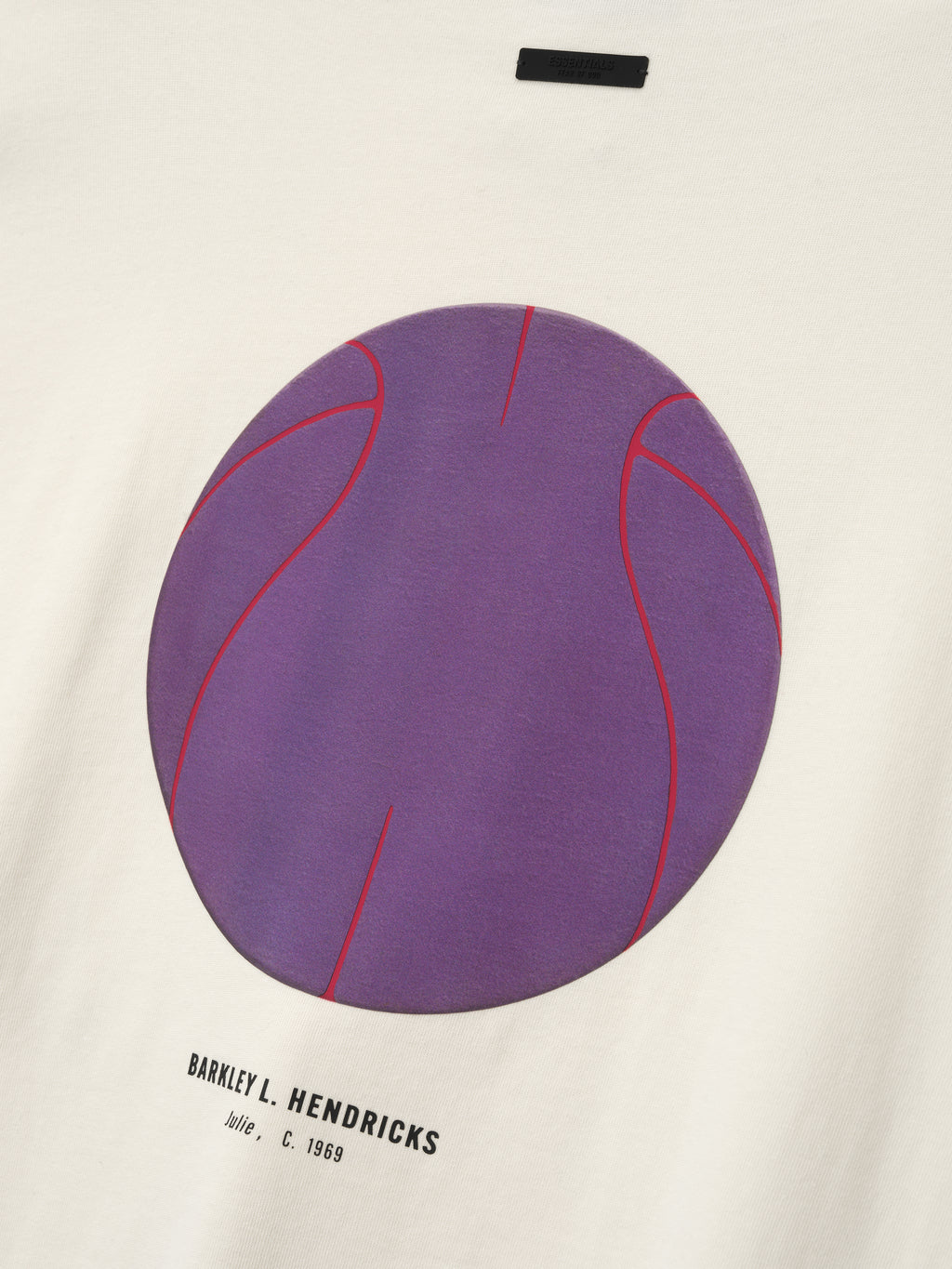 off-white heavy cotton jersey tee featuring abstract purple basketball graphic with red lines and Barkley L. Hendricks text beneath