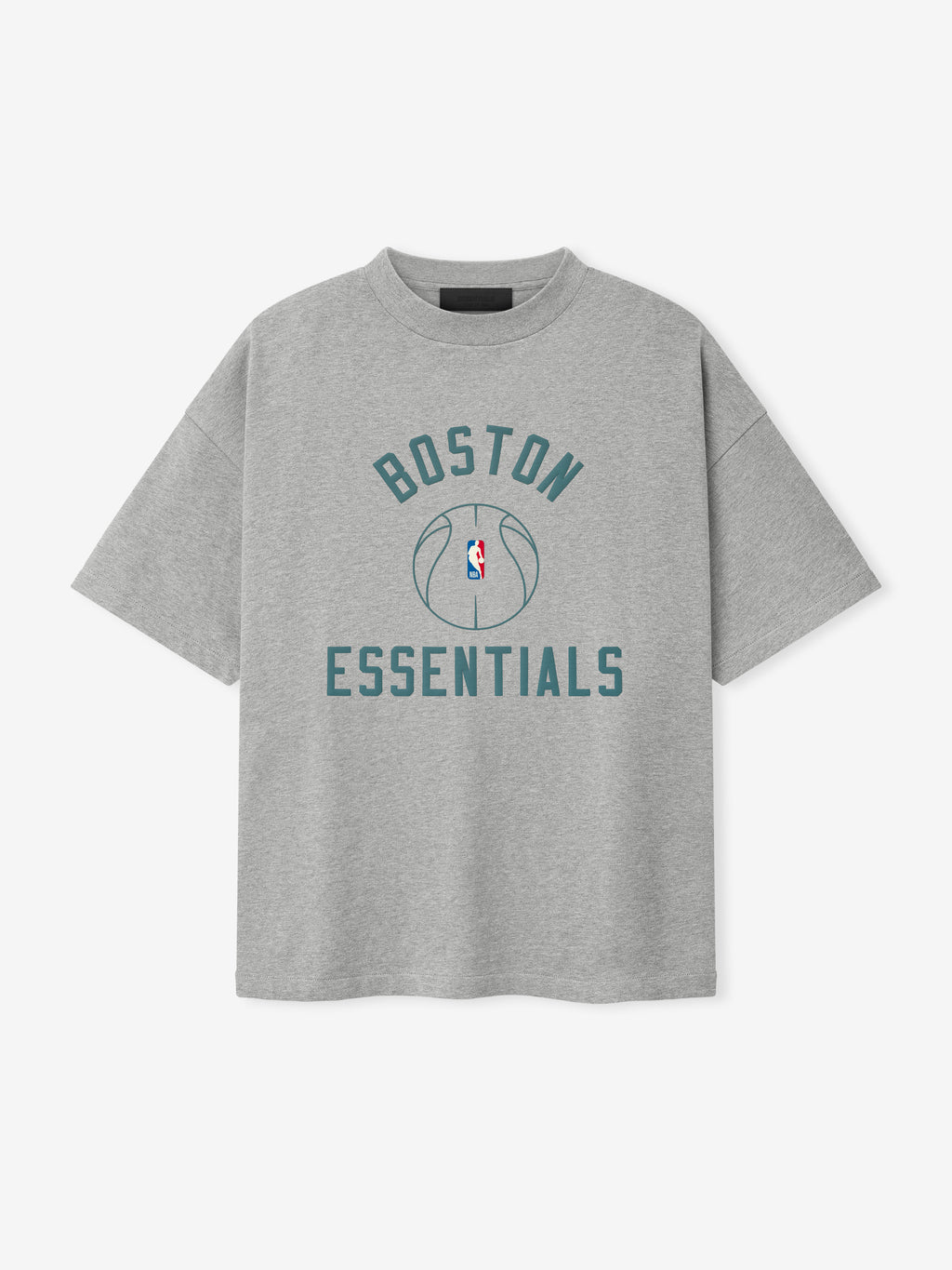 light grey heavy cotton jersey oversized tee with Boston Essentials text and outlined basketball graphic at center chest