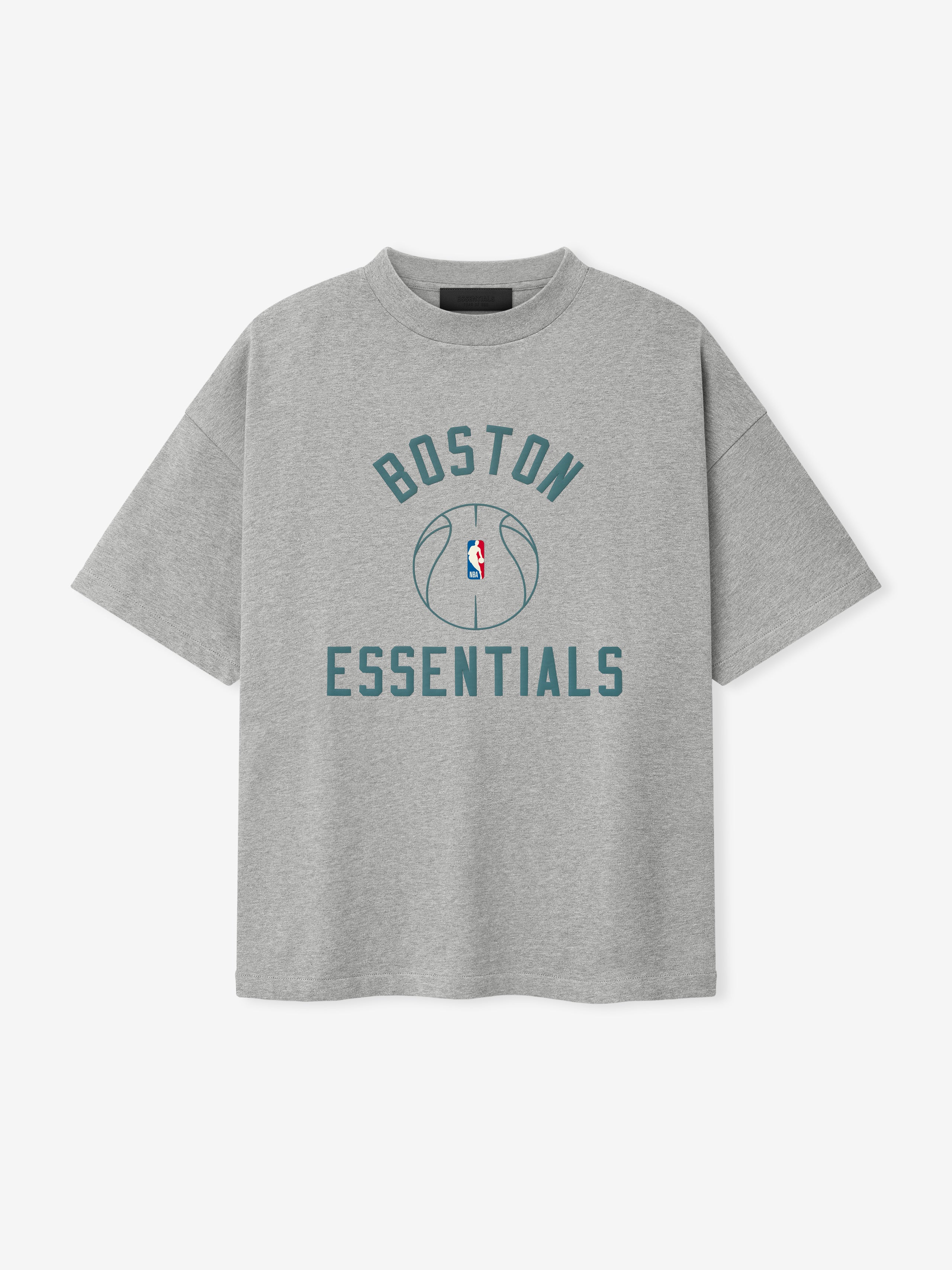 light grey heavy cotton jersey oversized tee with Boston Essentials text and outlined basketball graphic at center chest