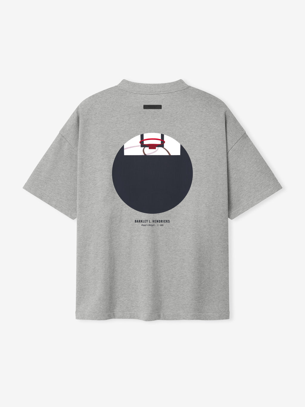 light grey oversized heavy cotton jersey tee with circular basketball hoop graphic and Barkley L. Hendricks text below