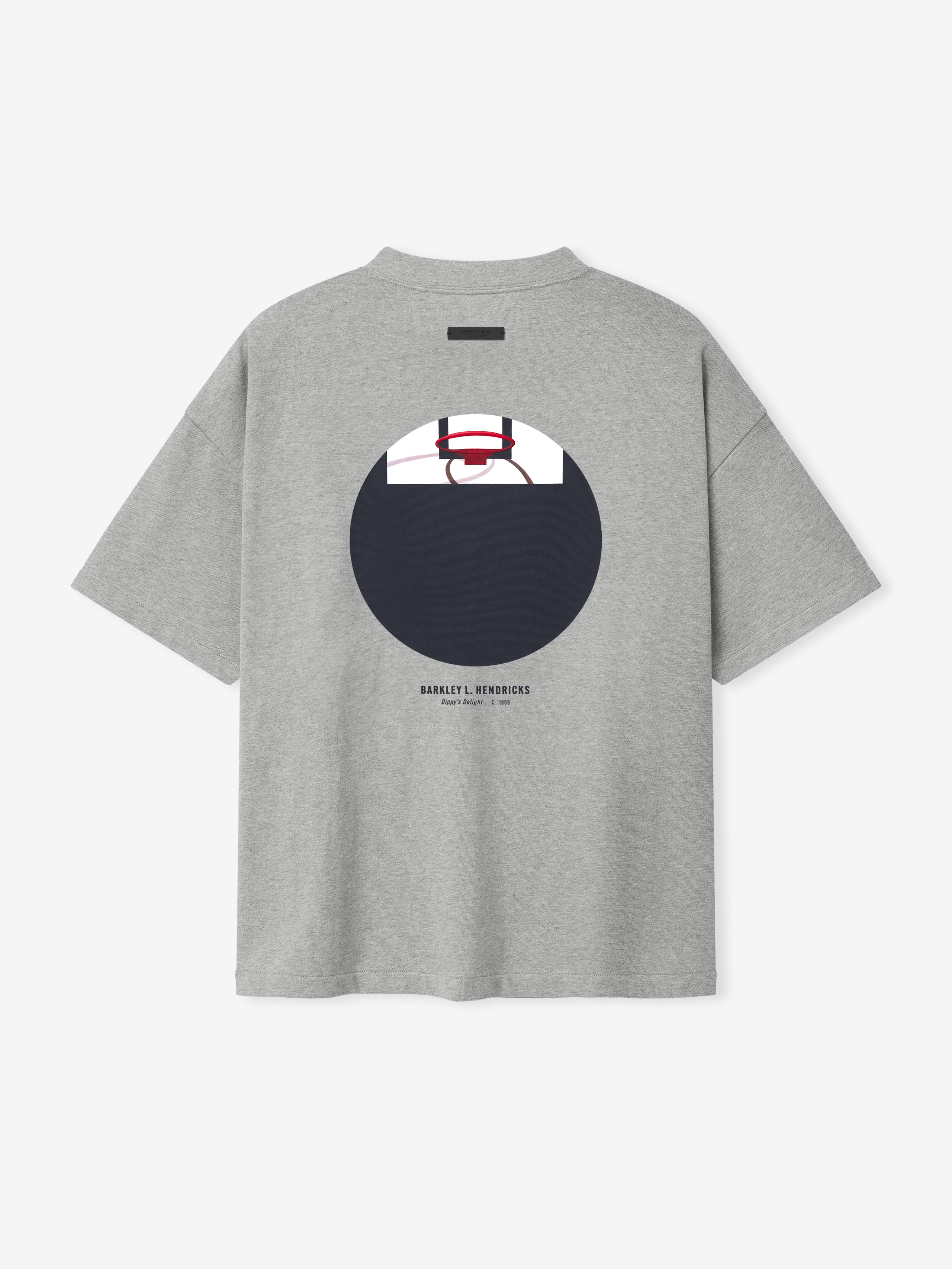 light grey oversized heavy cotton jersey tee with circular basketball hoop graphic and Barkley L. Hendricks text below