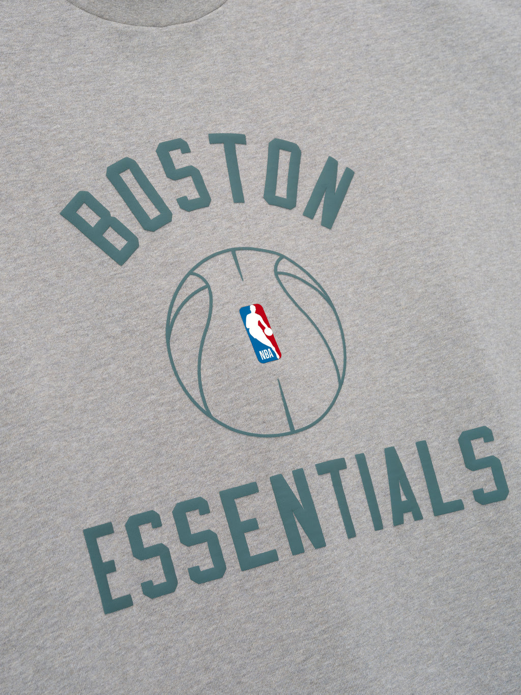 grey cotton jersey tee with Boston Essentials text and NBA logo basketball graphic at center chest