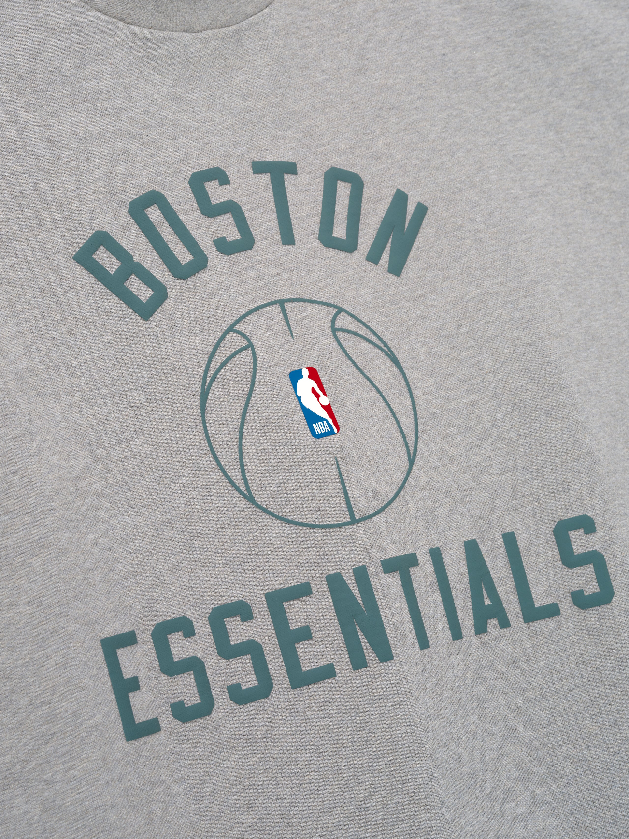 grey cotton jersey tee with Boston Essentials text and NBA logo basketball graphic at center chest