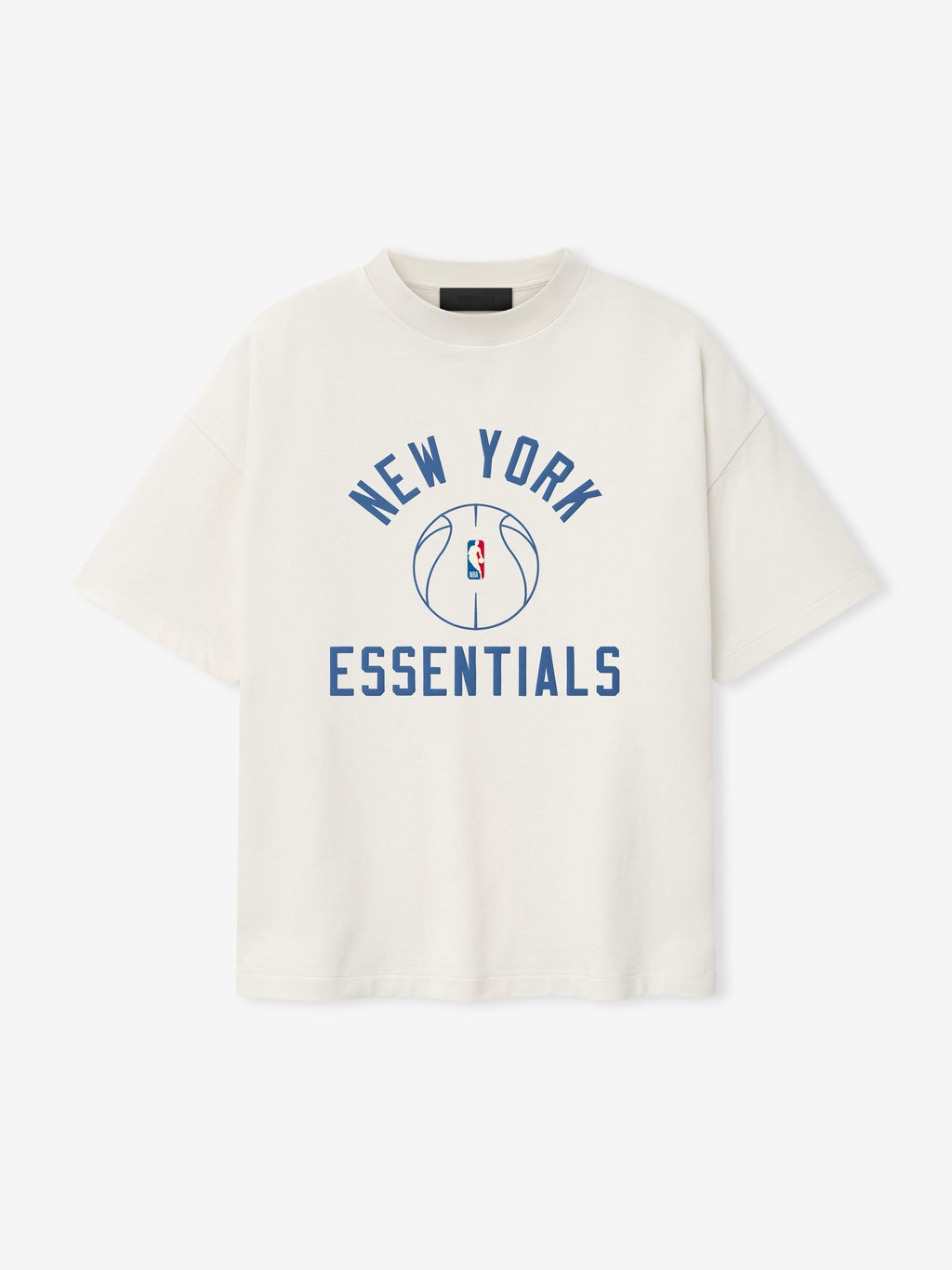 off-white oversized cotton jersey tee with blue New York Essentials text and NBA basketball outline graphic center chest