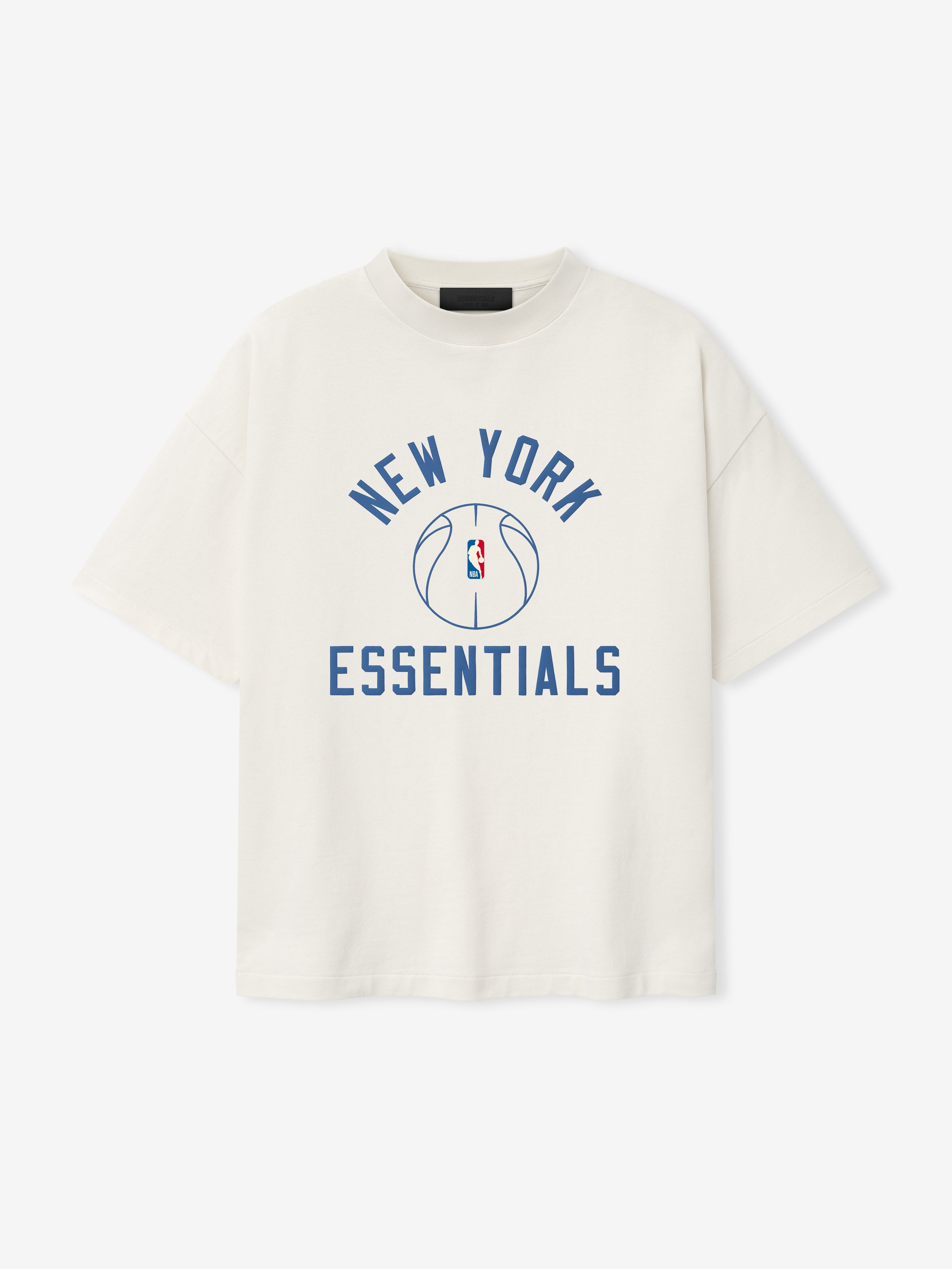 off-white oversized cotton jersey tee with blue New York Essentials text and NBA basketball outline graphic center chest