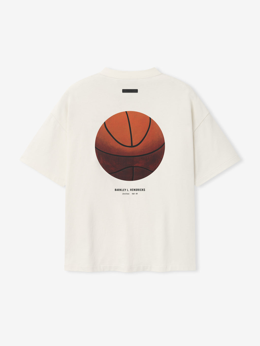 off-white oversized heavy cotton jersey tee with large realistic basketball graphic and Barkley L. Hendricks text below center back