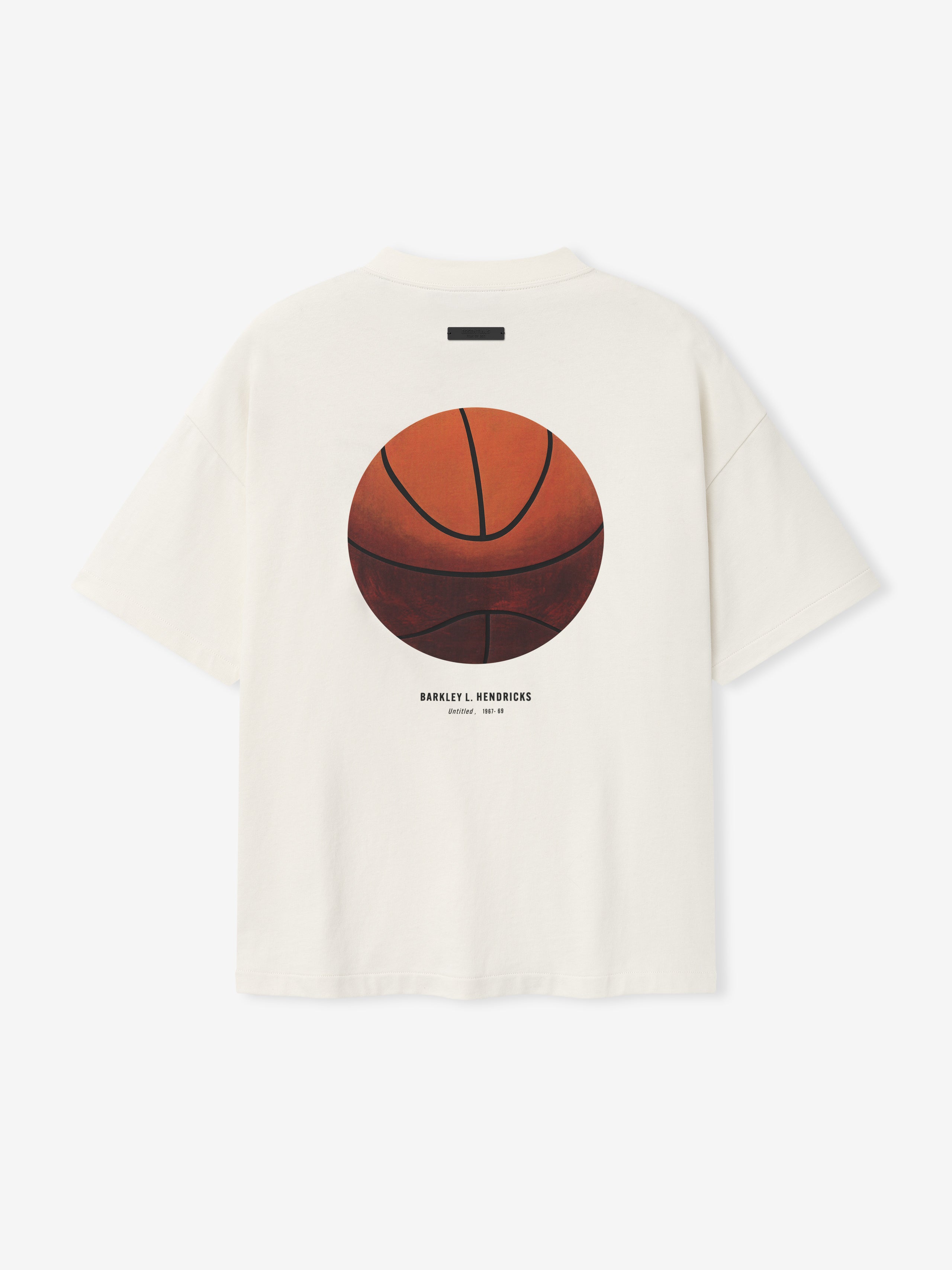 off-white oversized heavy cotton jersey tee with large realistic basketball graphic and Barkley L. Hendricks text below center back