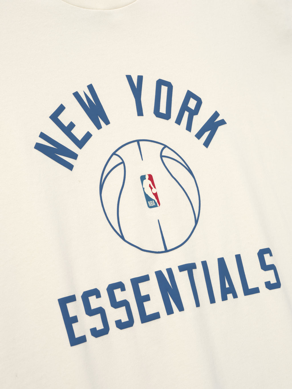 off-white 90s oversized cotton jersey tee with outlined basketball and blue New York Essentials text center chest