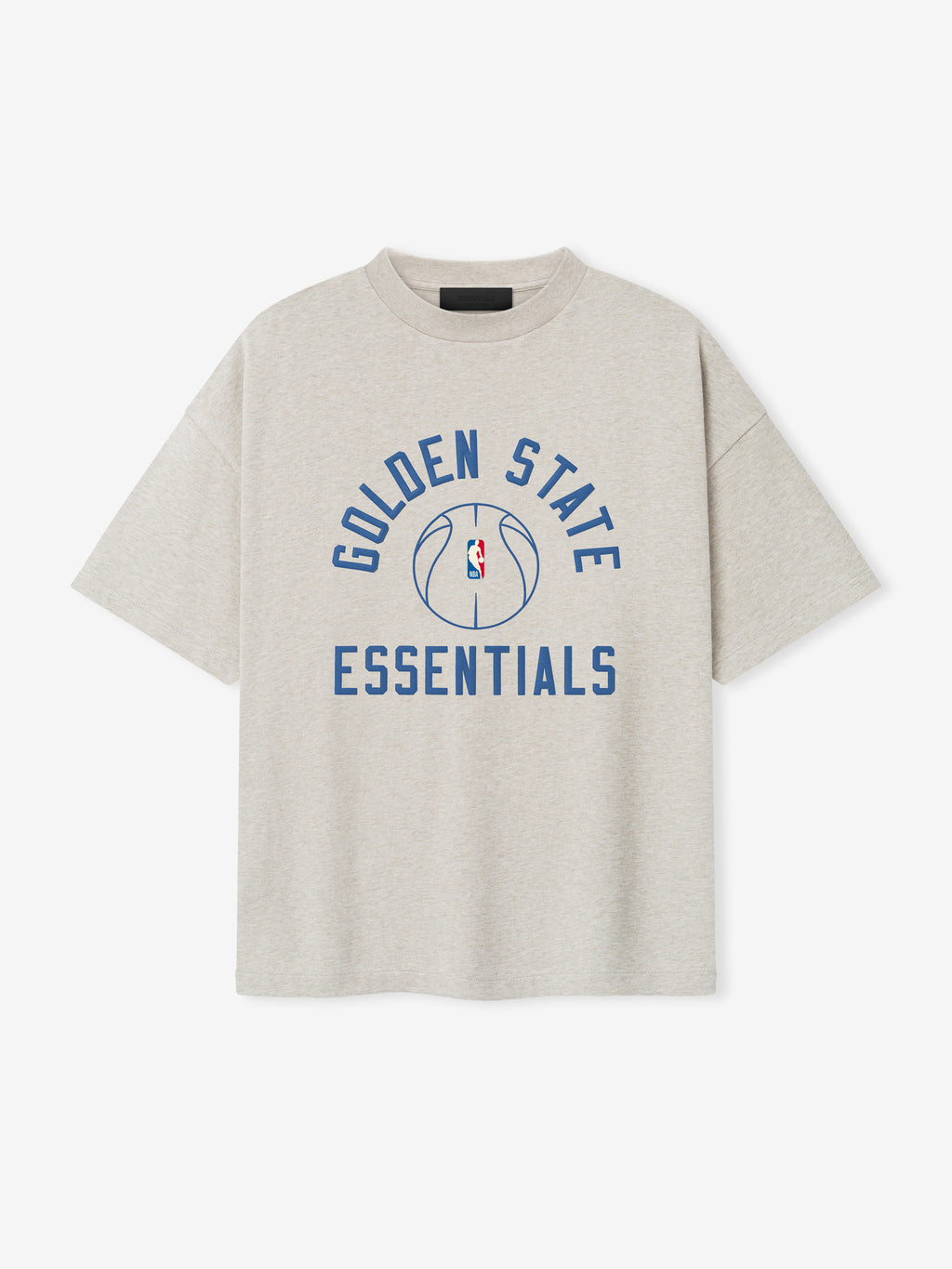 off-white oversized heavy cotton jersey tee with Golden State Essentials text and NBA logo basketball graphic center chest