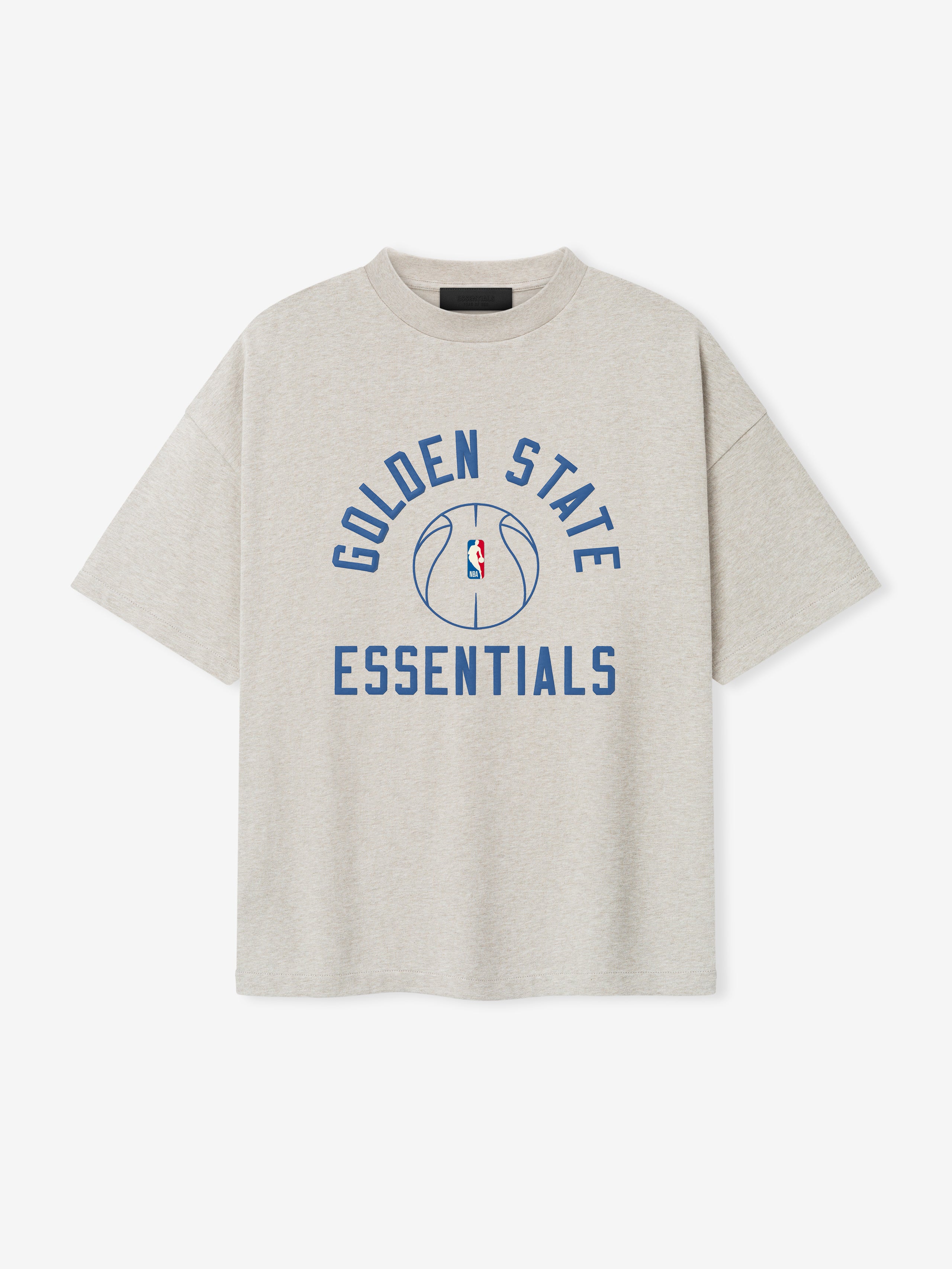 off-white oversized heavy cotton jersey tee with Golden State Essentials text and NBA logo basketball graphic center chest