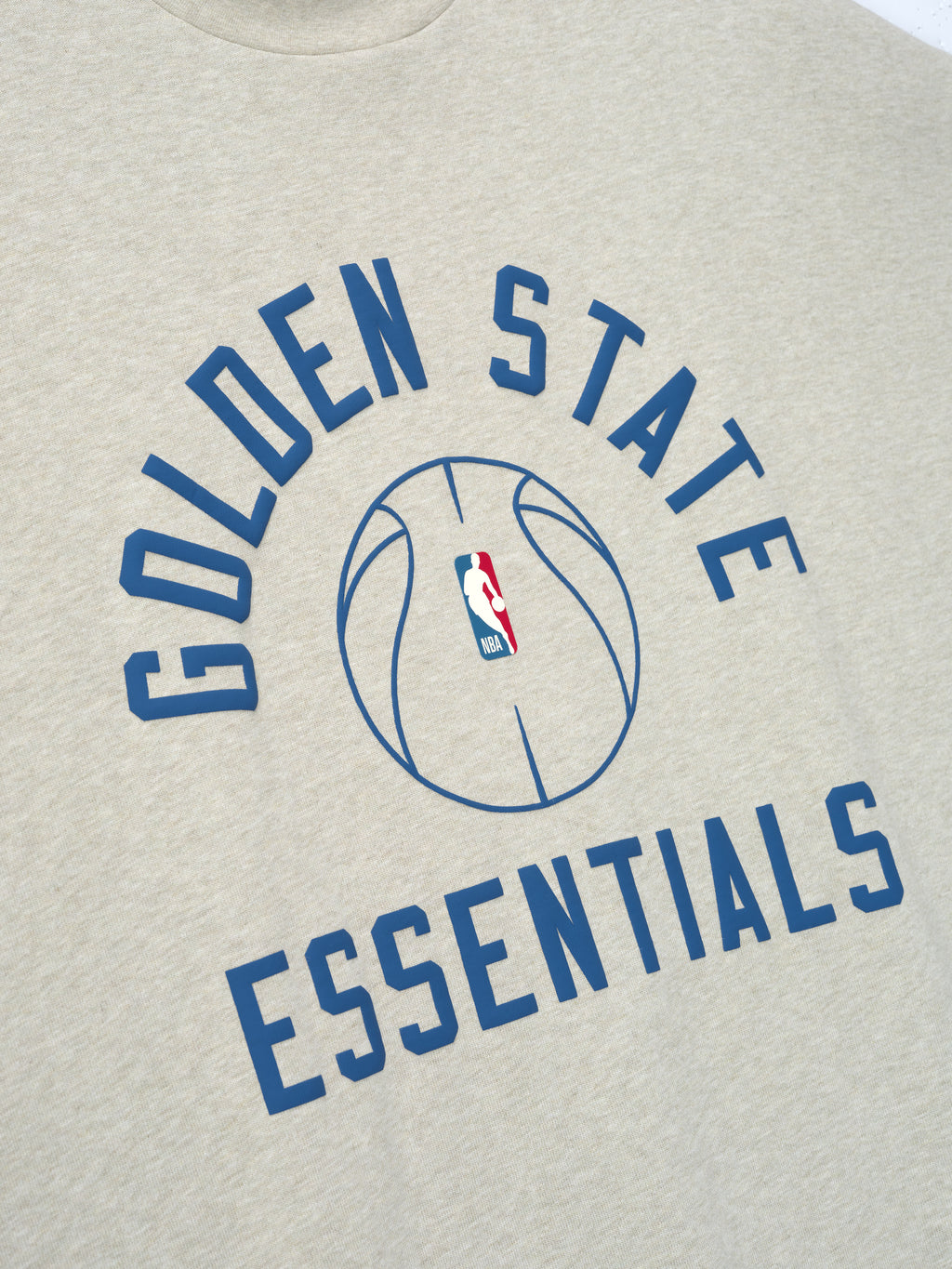 off-white heavy cotton jersey tee with blue Golden State Essentials text and NBA logo basketball sketch center chest