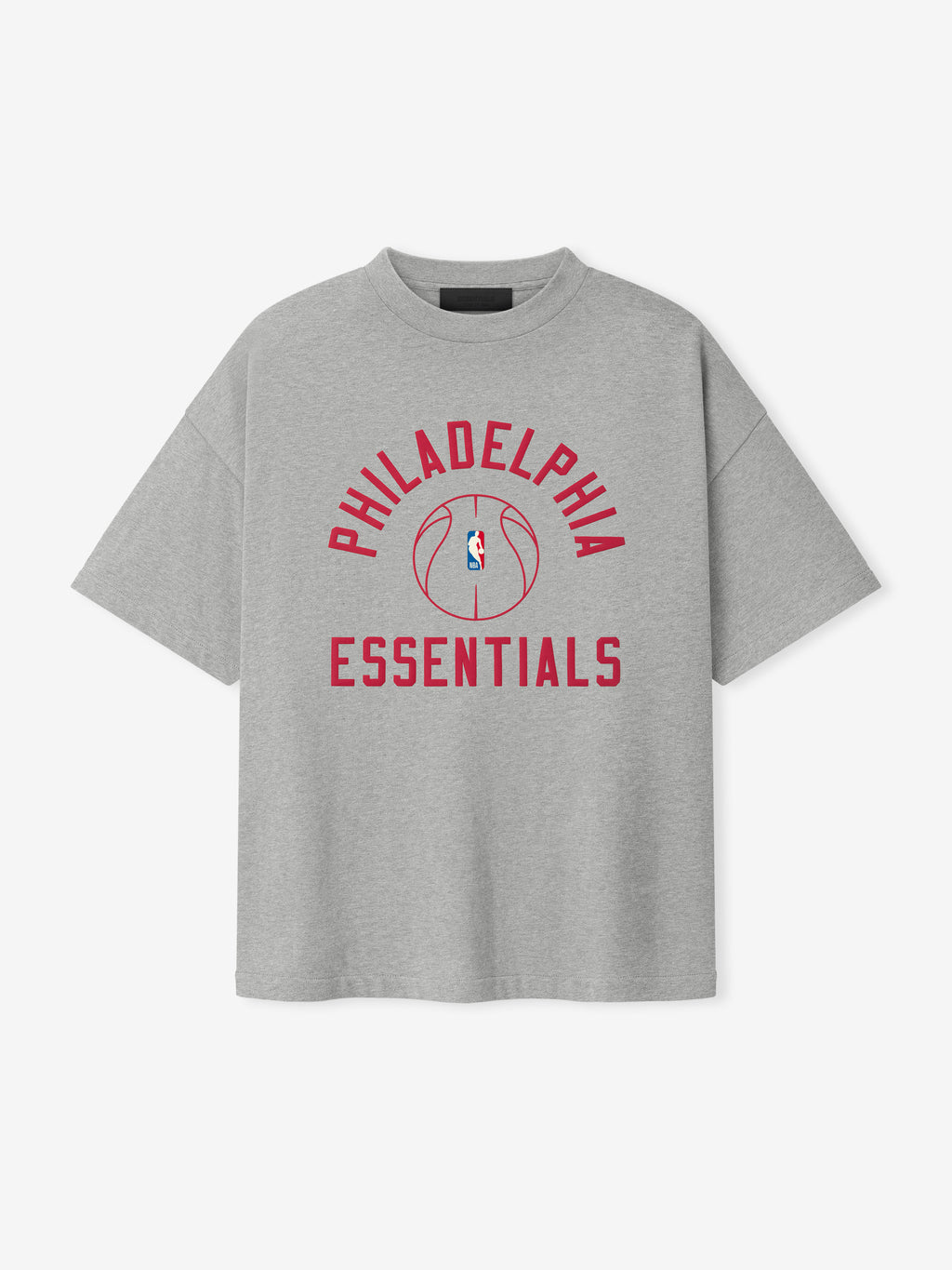 grey oversized heavy cotton jersey tee with red Philadelphia Essentials text and NBA basketball outline graphic center chest