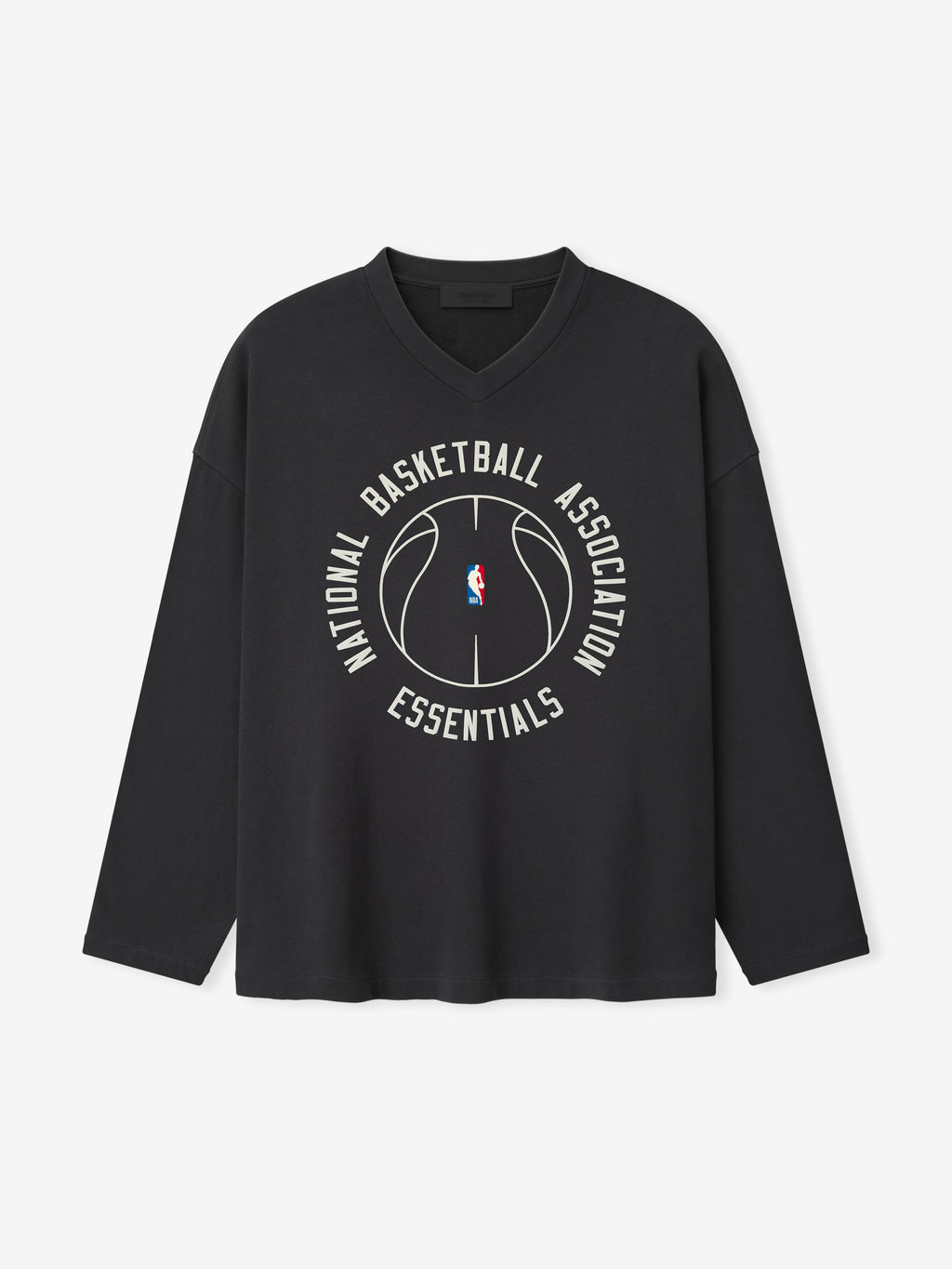 black oversized heavy cotton V-neck long sleeve tee with circular NBA Essentials basketball outline graphic center chest