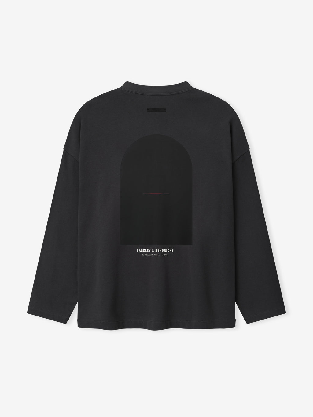 black oversized heavy cotton long sleeve tee with abstract dark arch graphic and Barkley L. Hendricks text below back center