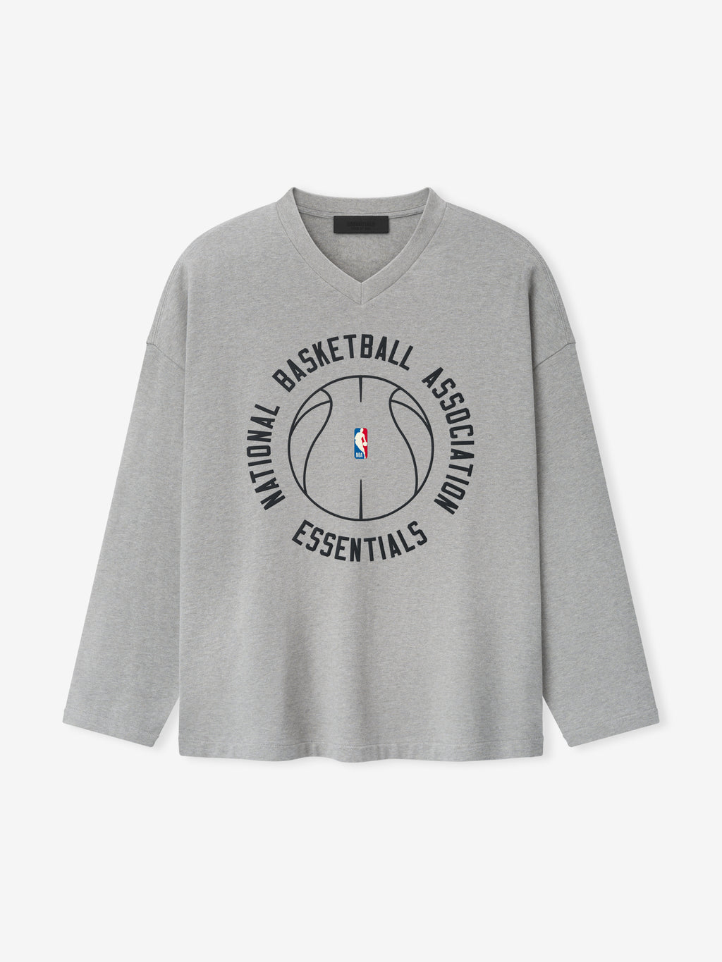 grey oversized heavy cotton long sleeve V-neck tee with circular NBA Essentials basketball graphic center chest