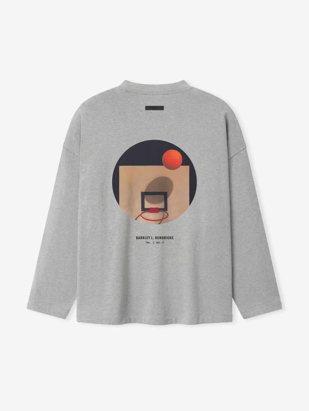 grey oversized cotton long sleeve V-neck tee with abstract circular basketball hoop and orange ball graphic back center