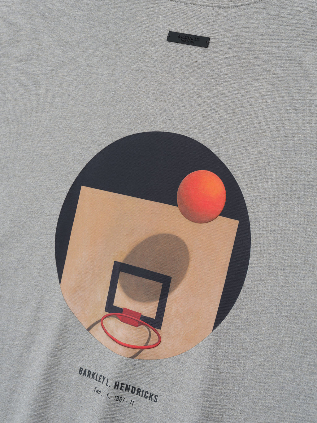 light grey heavy cotton V-neck long sleeve tee with stylized basketball hoop and ball graphic and Barkley L. Hendricks text