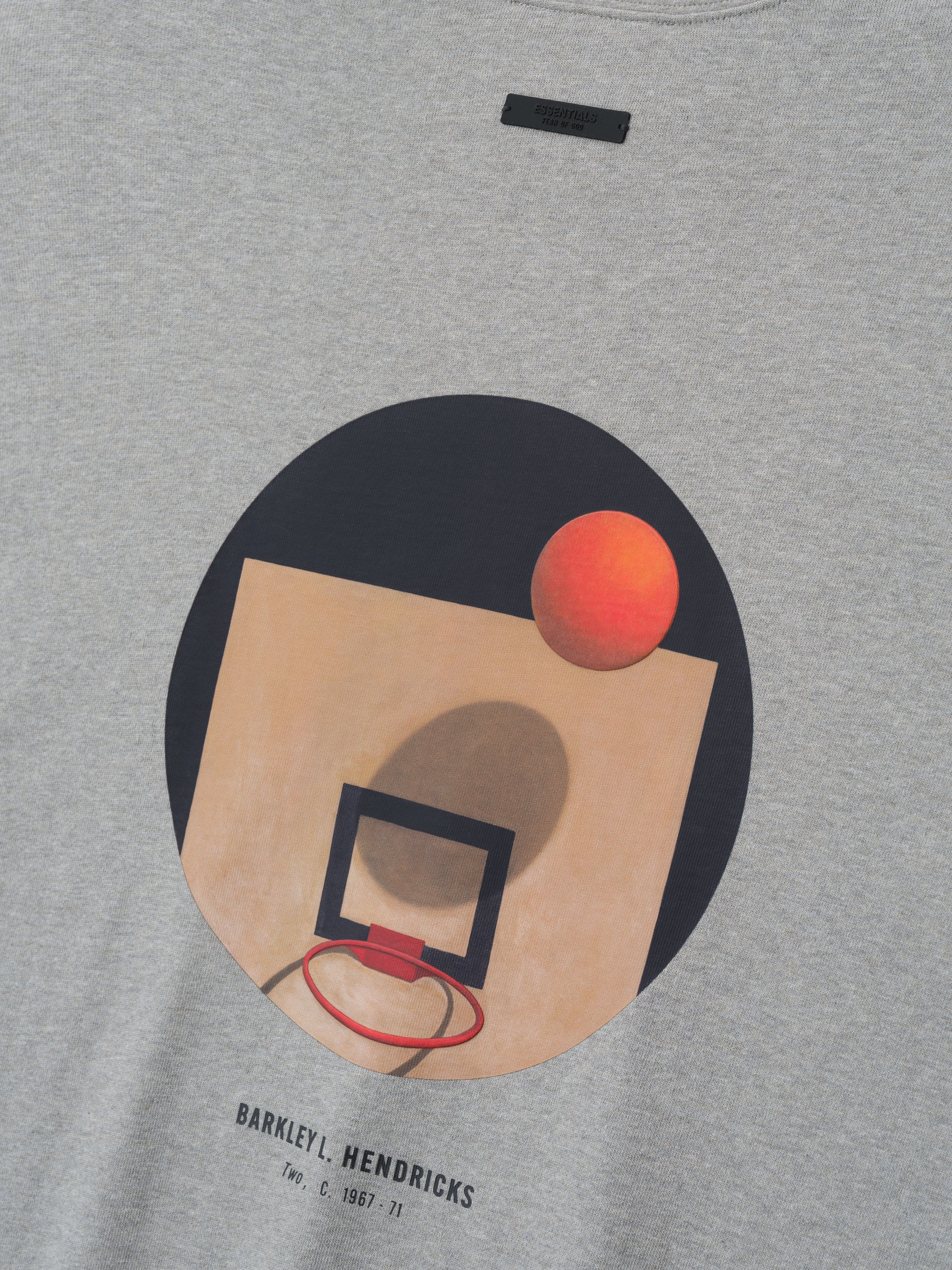 light grey heavy cotton V-neck long sleeve tee with stylized basketball hoop and ball graphic and Barkley L. Hendricks text